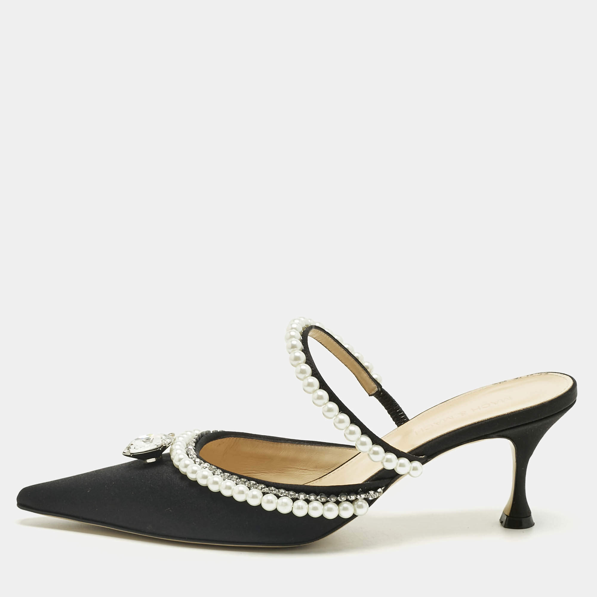 Pre Owned Mach & Mach Black Satin Bow Crystal Embellished Slide Sandals Size 40