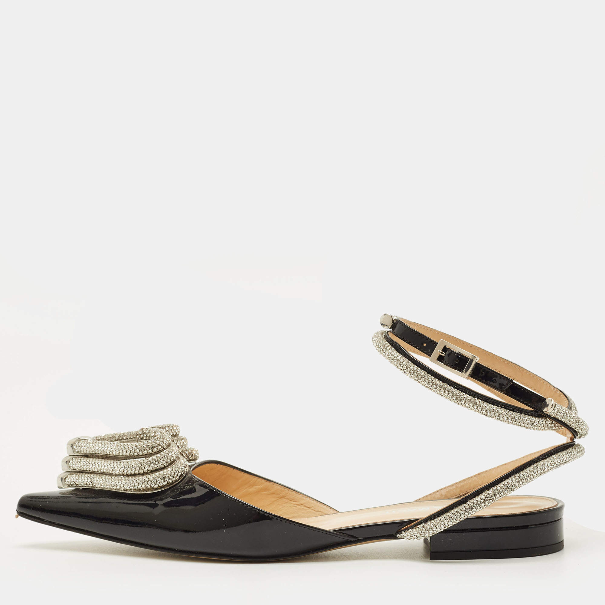 مملوكة مسبقًا Mach & Mach Triple Heart Size 37 Black Patent Leather Crystal Embellished Ankle Wrap Flats