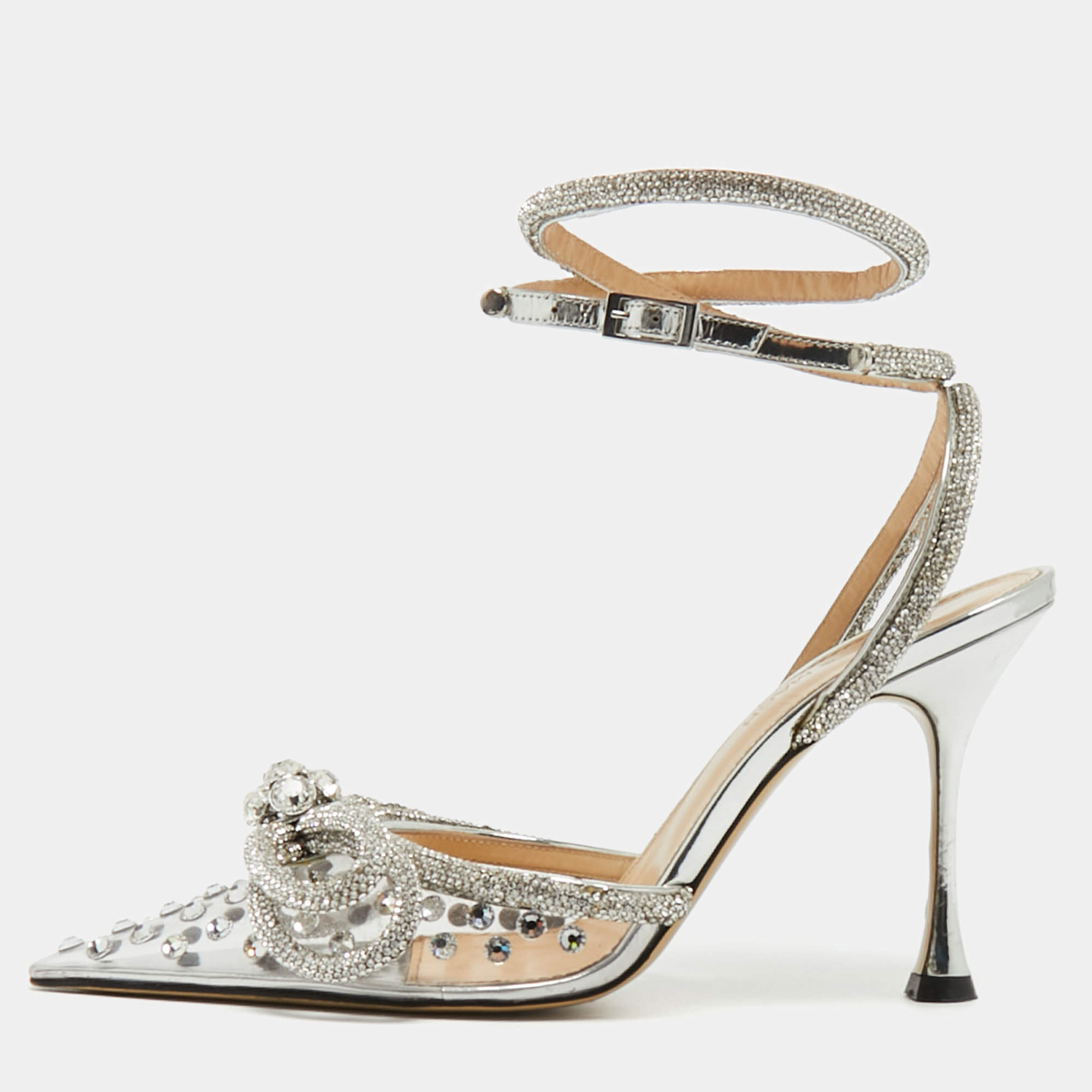 Pre Owned Mach & Mach Double Bow Size 37 Silver PVC Ankle Strap Pumps