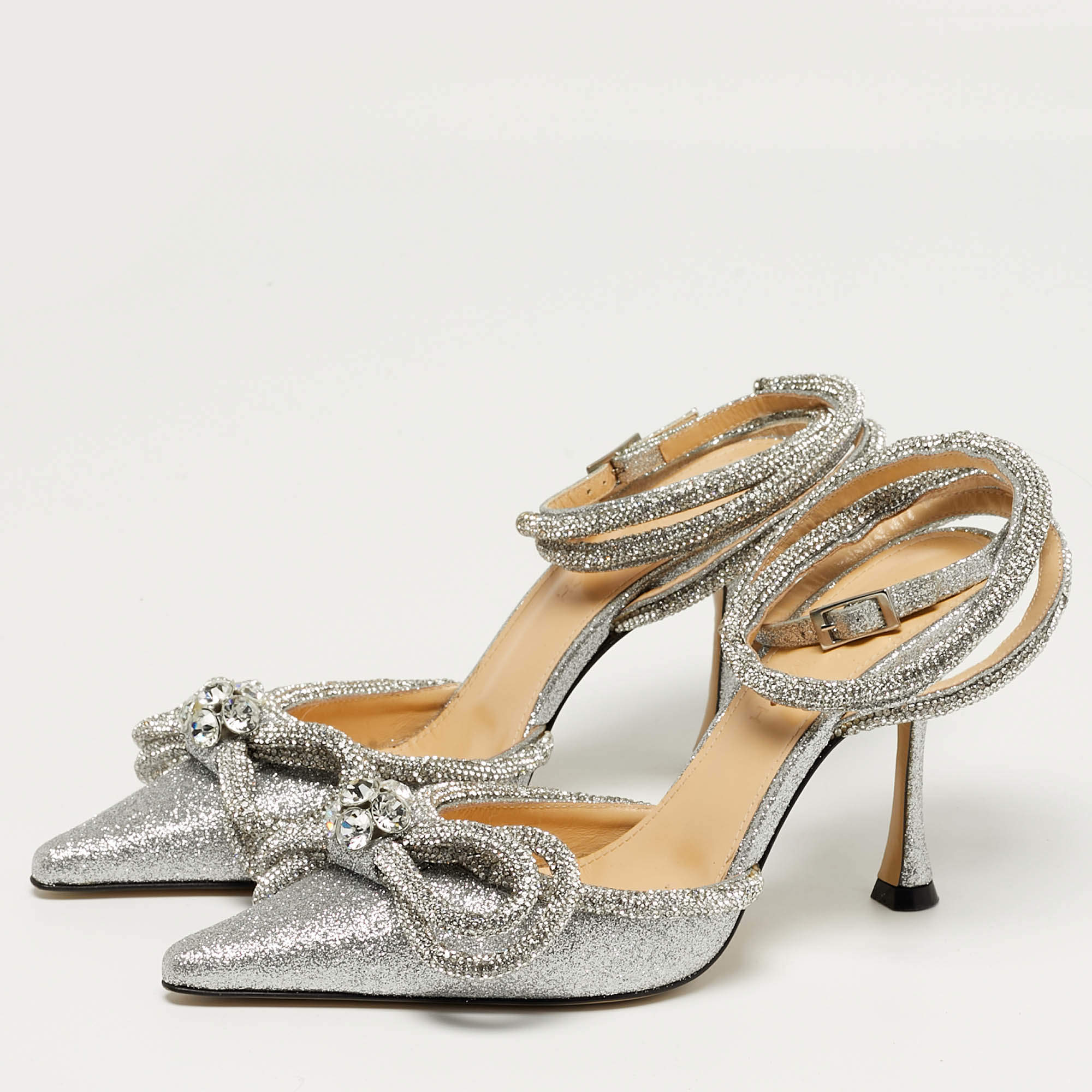 مملوكة مسبقًا Mach & Mach Double Bow Size 35.5 Silver Glitter Ankle Strap Pumps