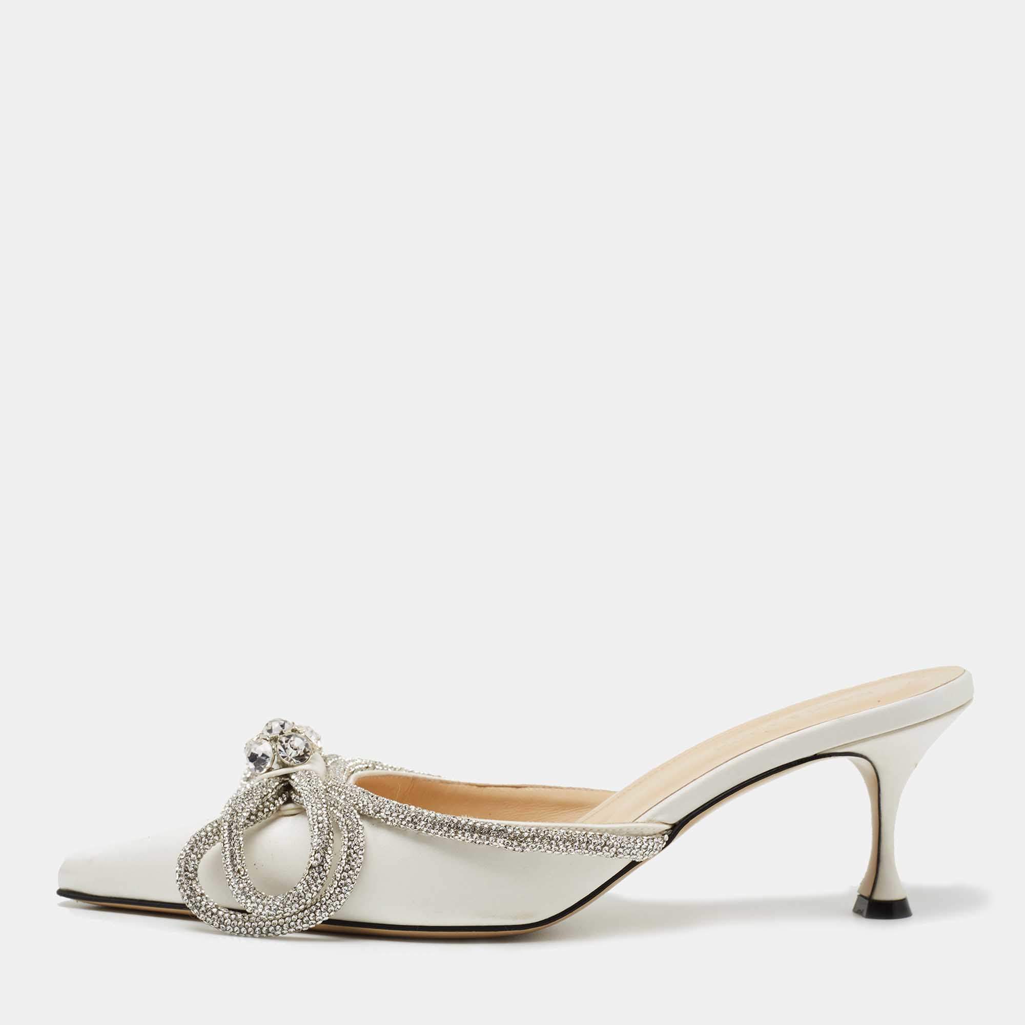 Pre Owned Mach & Mach White Satin Bow Embellished Pointed Toe Mule Sandals Size 39