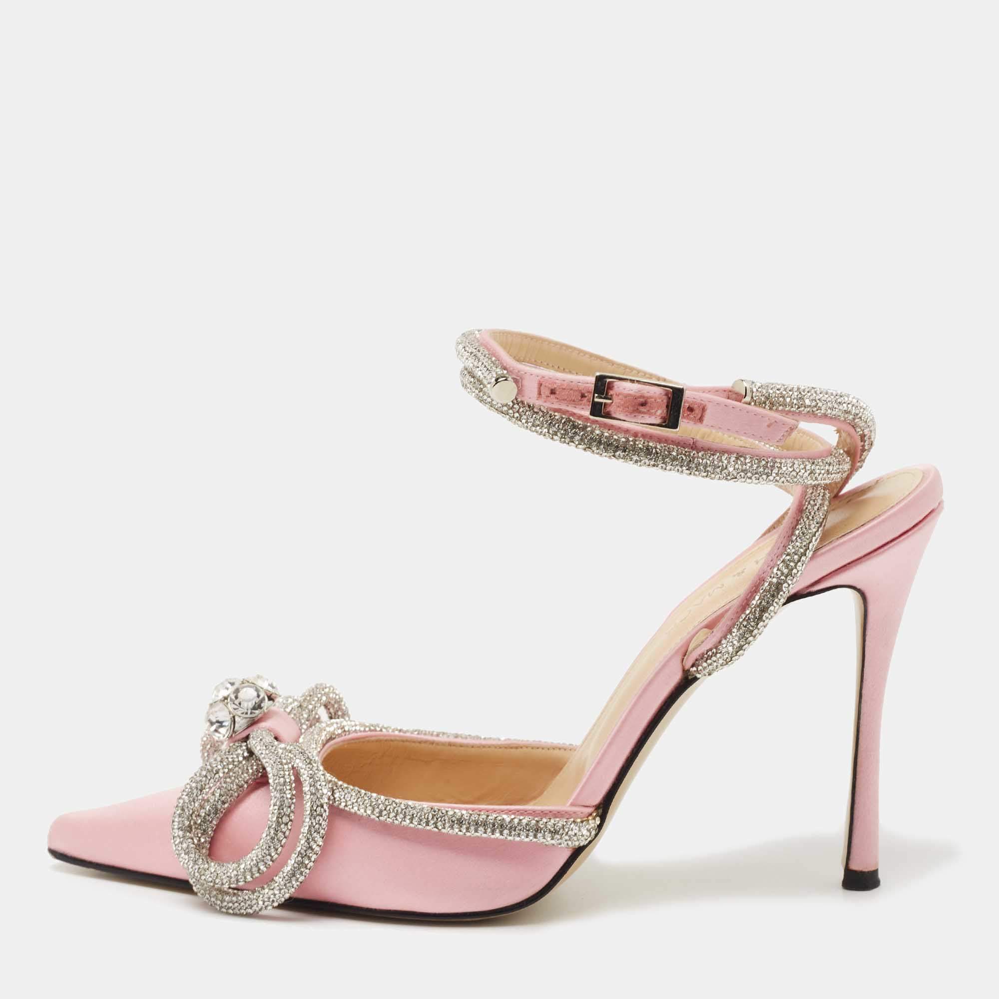 Pre Owned Mach & Mach Pink Satin Double Bow Crystal Embellished Pumps Size 38