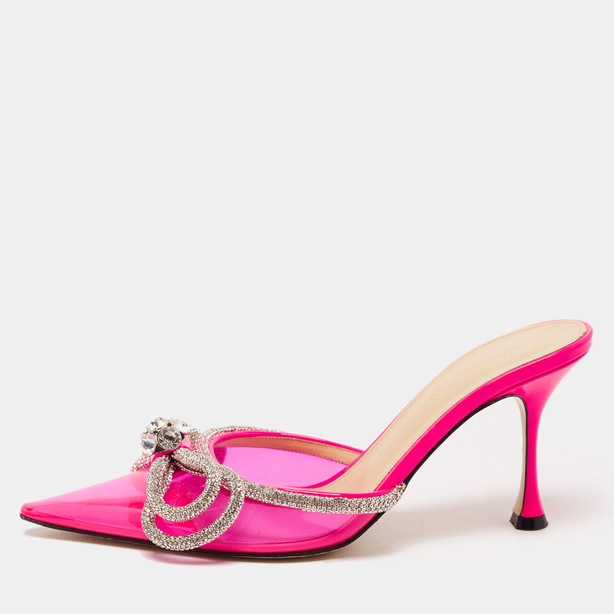 Pre Owned Mach & Mach Pink PVC Crystal Embellished Bow Mule Slides Size 39