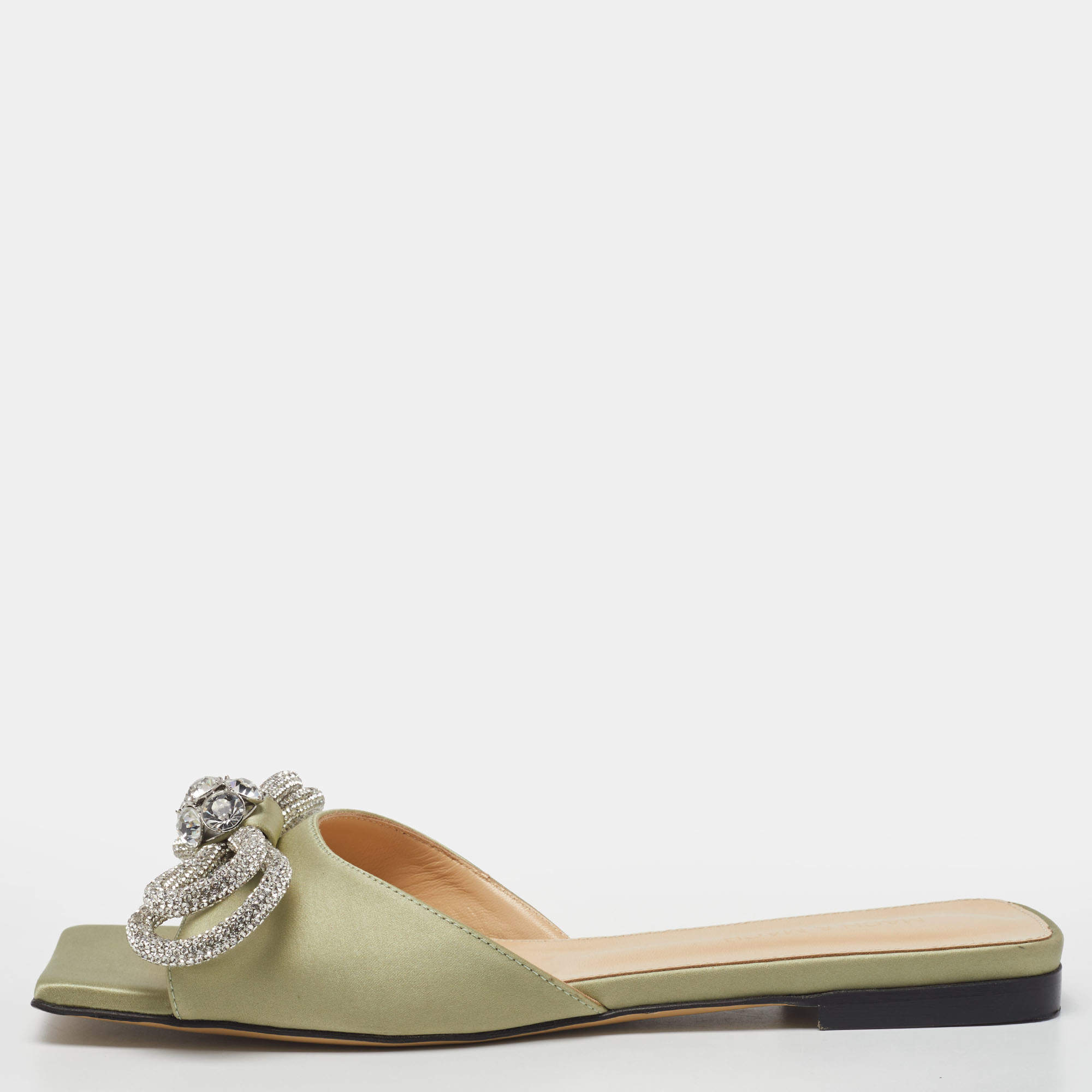 Pre Owned Mach & Mach Mint Green Satin Crystal Embellished Double Bow Flat Slides Size 38