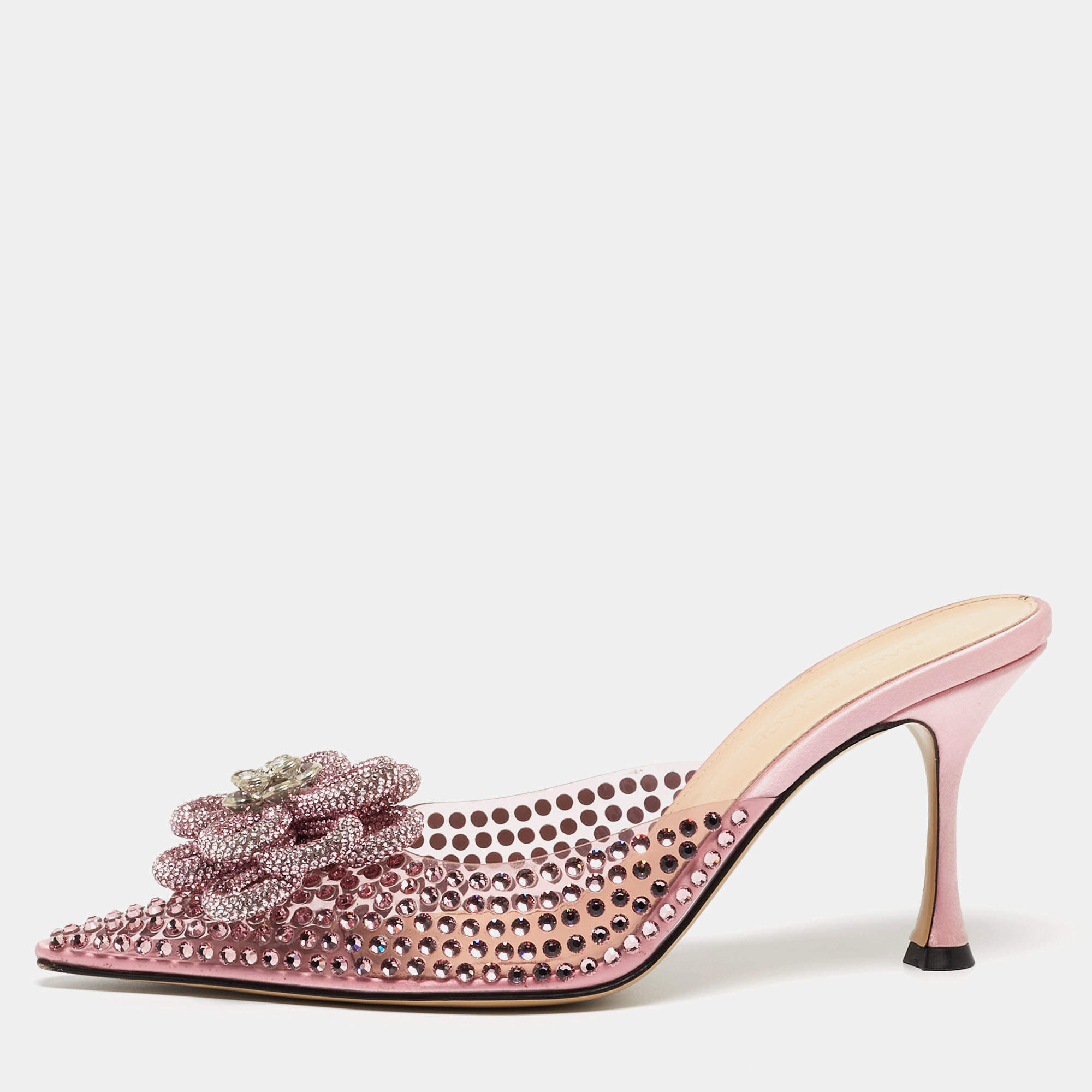 Pre Owned Mach & Mach Pink PVC Crystal Embellished Flower Mules Size 39