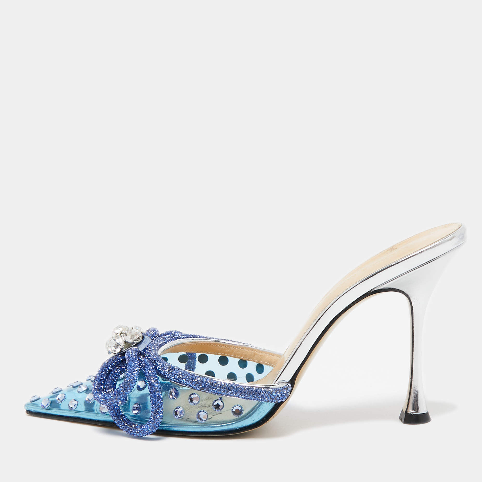 Pre Owned Mach & Mach Blue Studded PVC Crystal Embellished Double Bow Mules Size 39
