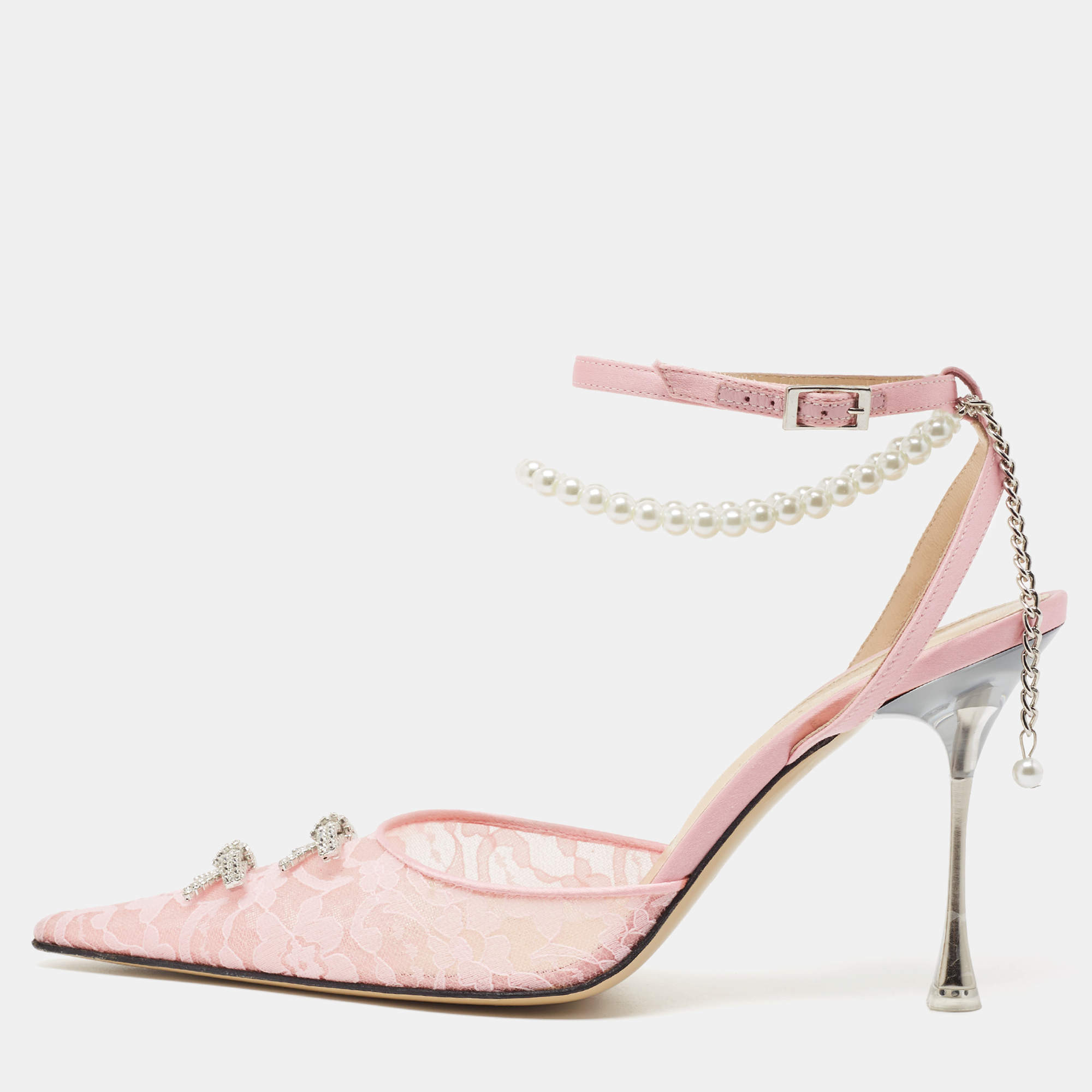 مملوكة مسبقًا Mach & Mach Pink Satin and Lace Crystal Embellished Ankle Strap Pumps Size 39.5