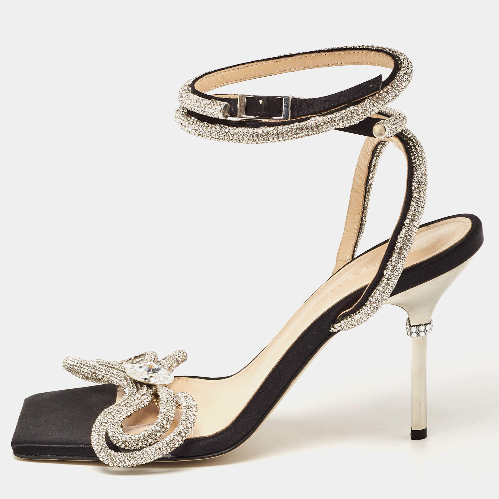 مملوكة مسبقًا Mach & Mach Black Satin Crystal Embellished Double Bow Ankle Wrap Sandals Size 38.5