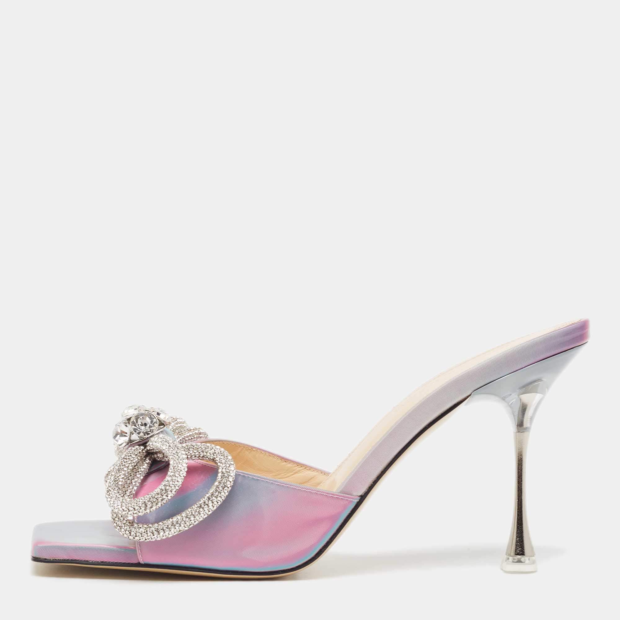 Pre Owned Mach & Mach iridescent  PVC Crystal Embellished Double Bow Slide Sandals Size 37.5