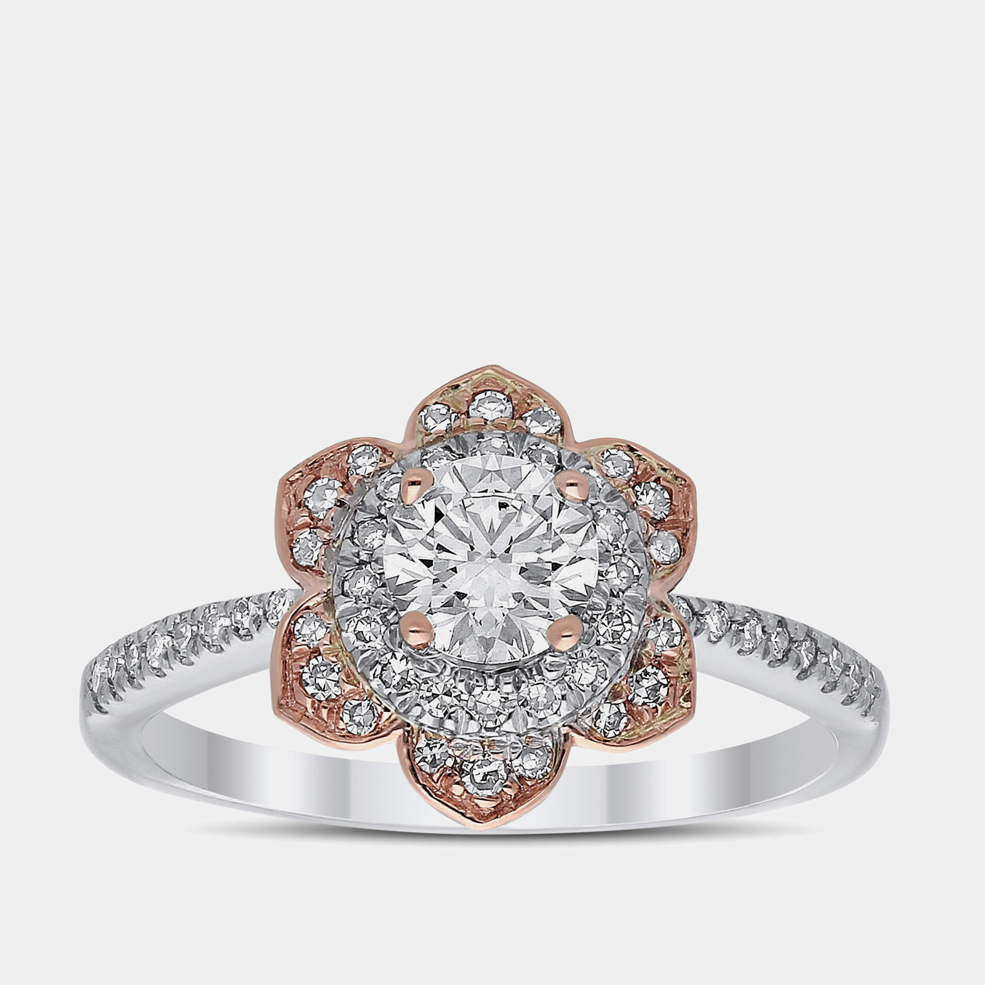 Pre Owned 14K Rg/Wg 0.80Ctw Round Cut White Flower Bridal Ring EU 48