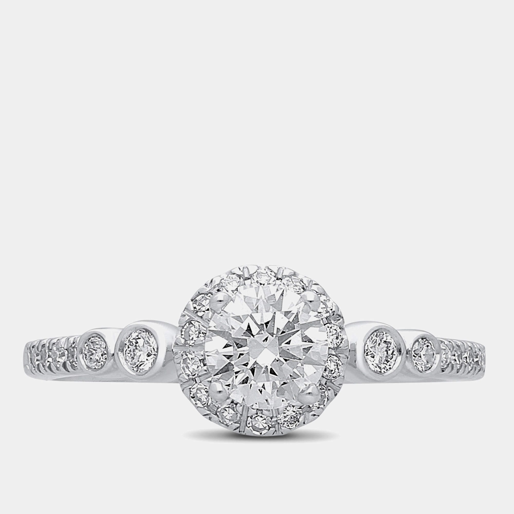 Pre Owned 14K White Gold 0.80Ct. Round Cut Halo Bridal Ring EU 48