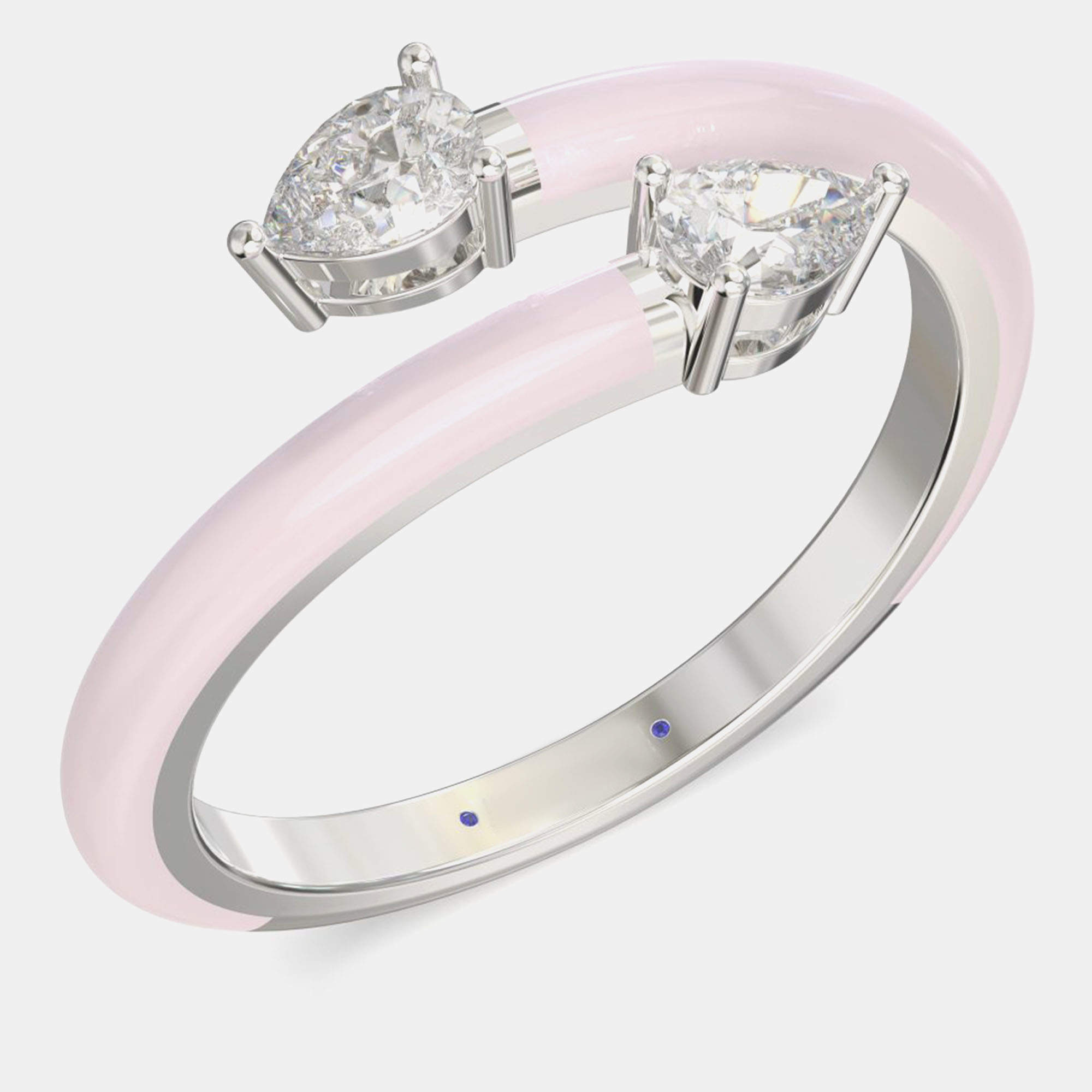 Light Pink Ceramic Pear Shaped Classic Bypass Style Sterling Silver Lab Grown Diamond Ring US 7
