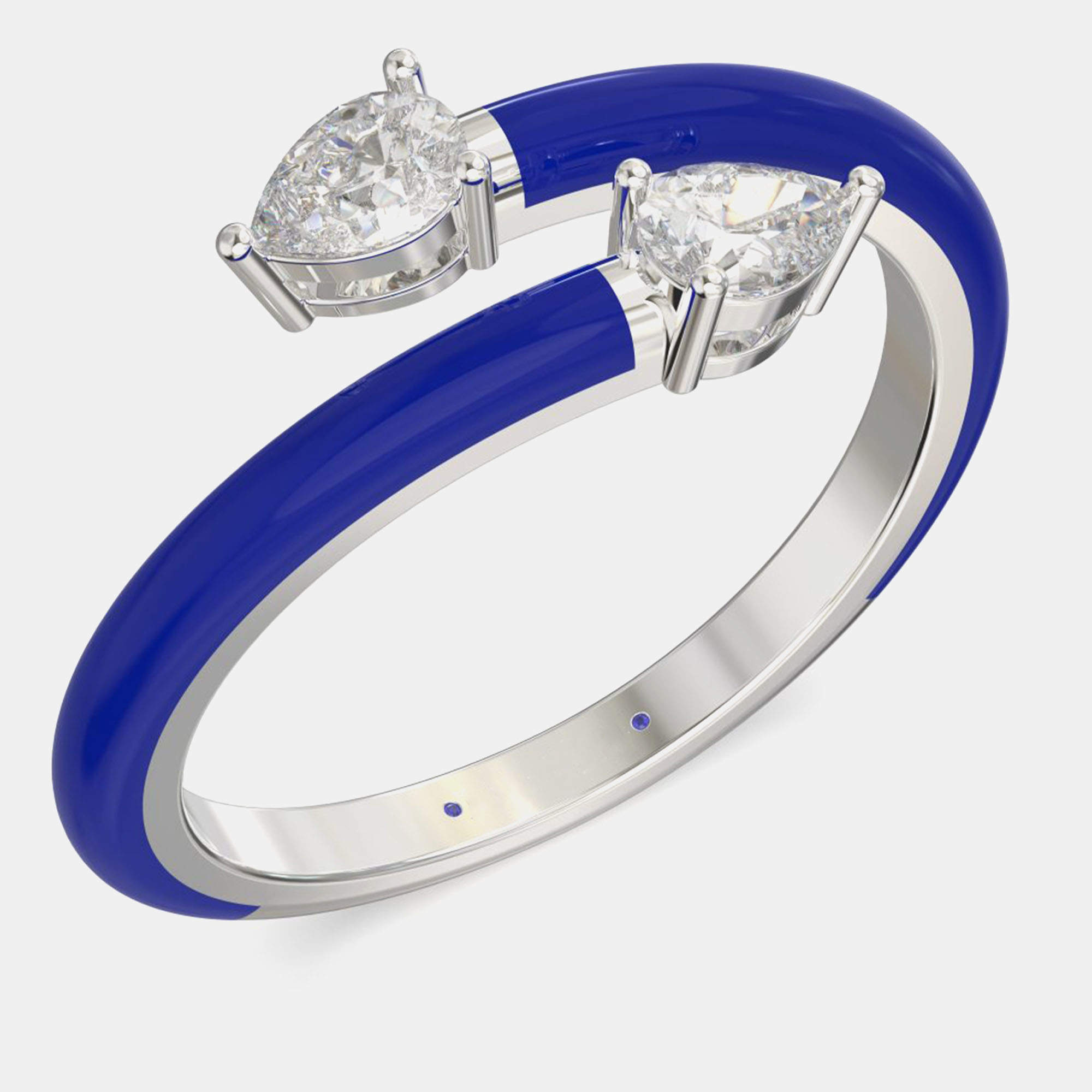 Dark Blue Ceramic Pear Shaped Classic Bypass Style Sterling Silver Lab Grown Diamond Ring US 7