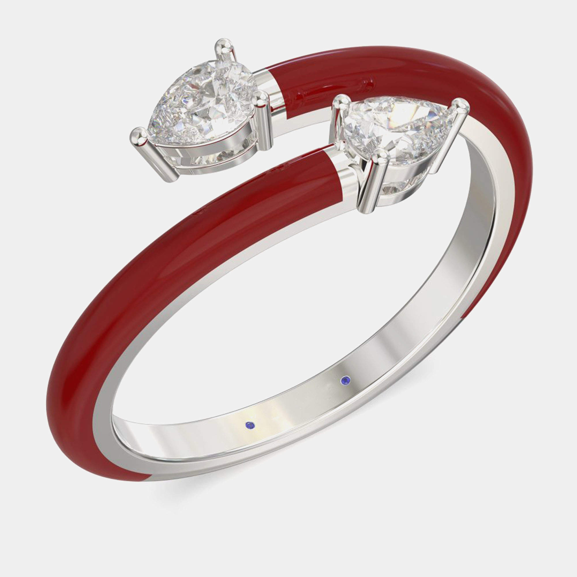 Bright Red Ceramic Pear Shaped Classic Bypass Style Sterling Silver Lab Grown Diamond Ring US 7