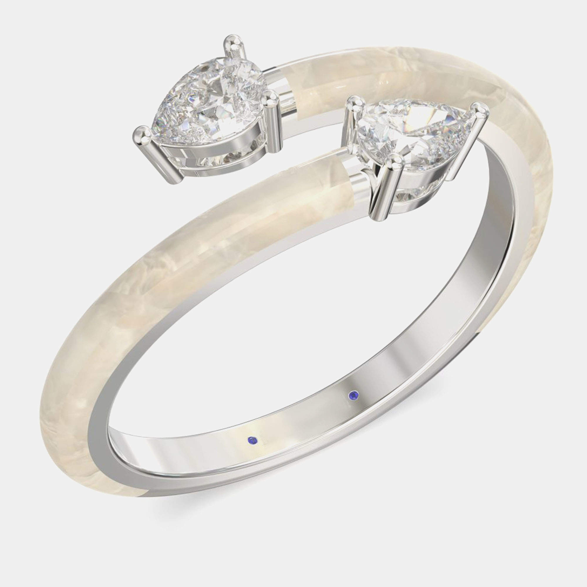 Pearl White Ceramic Pear Shaped Classic Bypass Style Sterling Silver Lab Grown Diamond Ring US 7