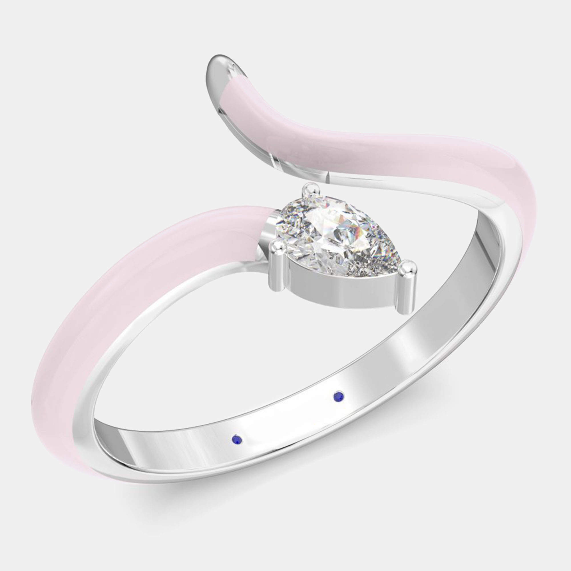 Light Pink Ceramic Pear Shaped Contemporary Bypass Sterling Silver Lab Grown Diamond Ring US 7