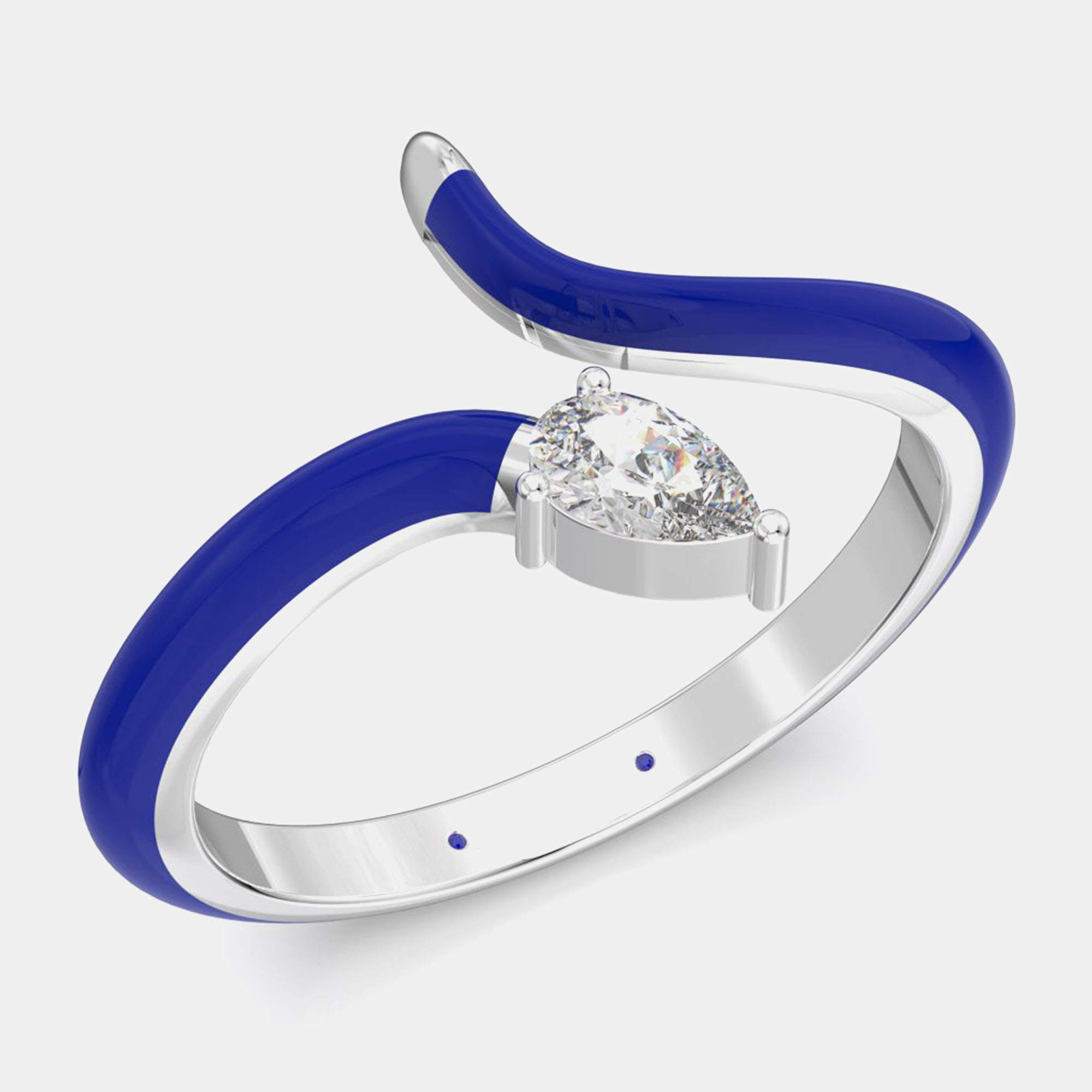 Dark Blue Ceramic Pear Shaped Contemporary Bypass Sterling Silver Lab Grown Diamond Ring US 7