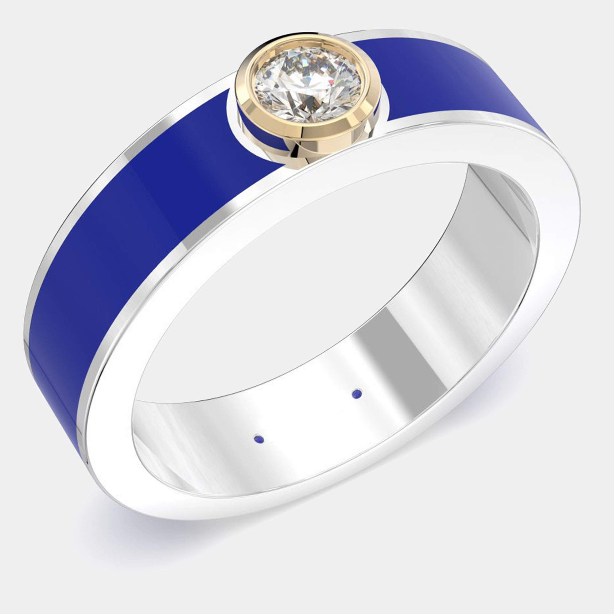 مملوكة مسبقًا 14K Yellow Gold Classic Dark Blue Ceramic Sterling Silver Lab Grown Diamond Round Bezel Set Band US 7