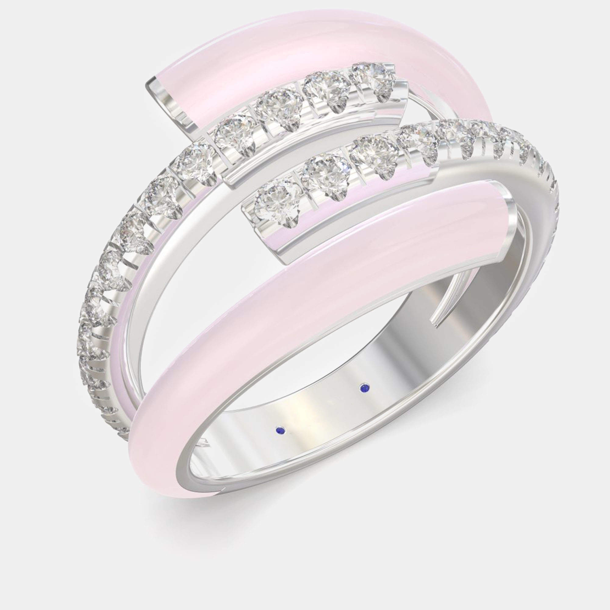 Light Pink Ceramic Sterling Silver Lab Grown Diamond Double Bypass Two Row Accented Ring US 7