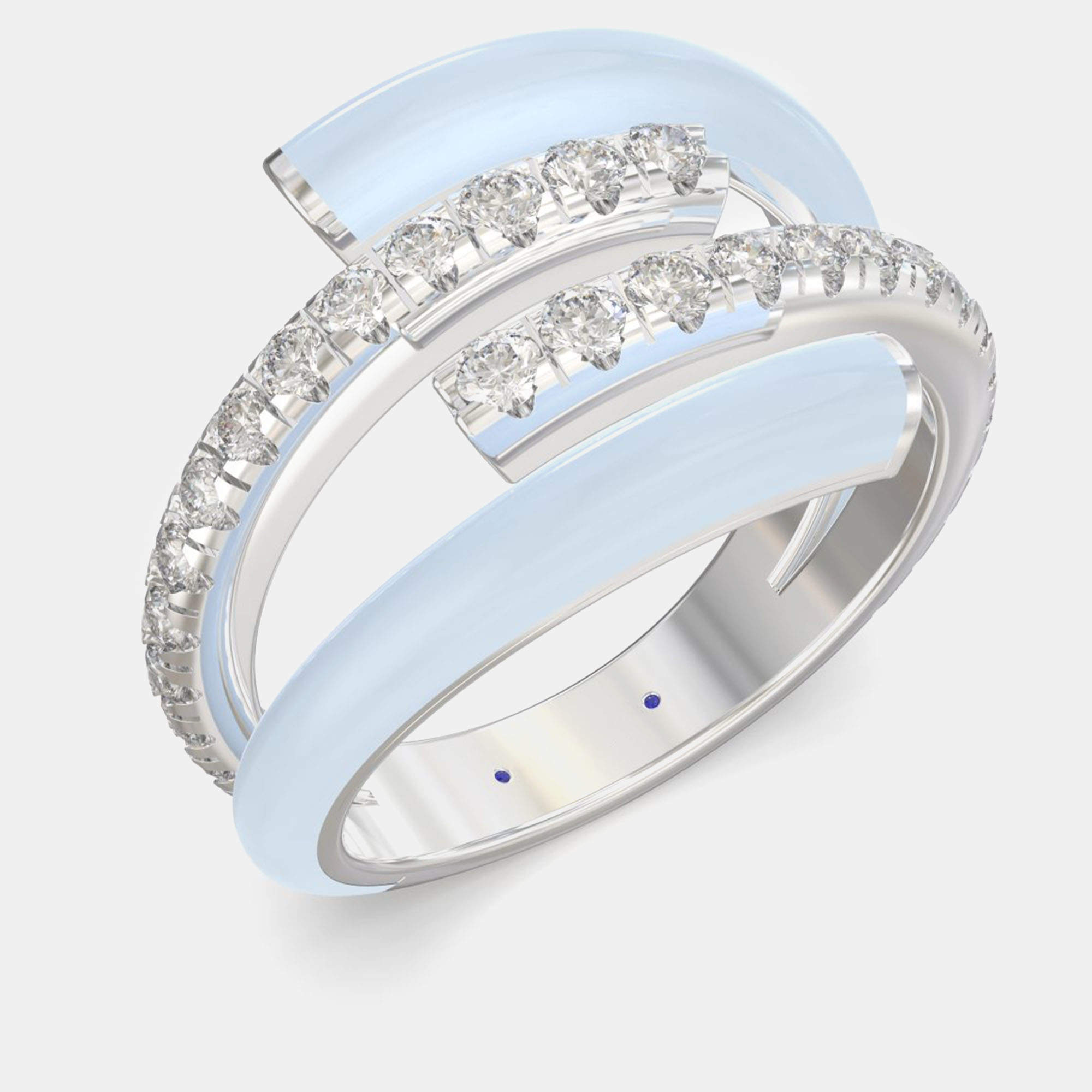 Light Blue Ceramic Sterling Silver Lab Grown Diamond Double Bypass Two Row Accented Ring US 7