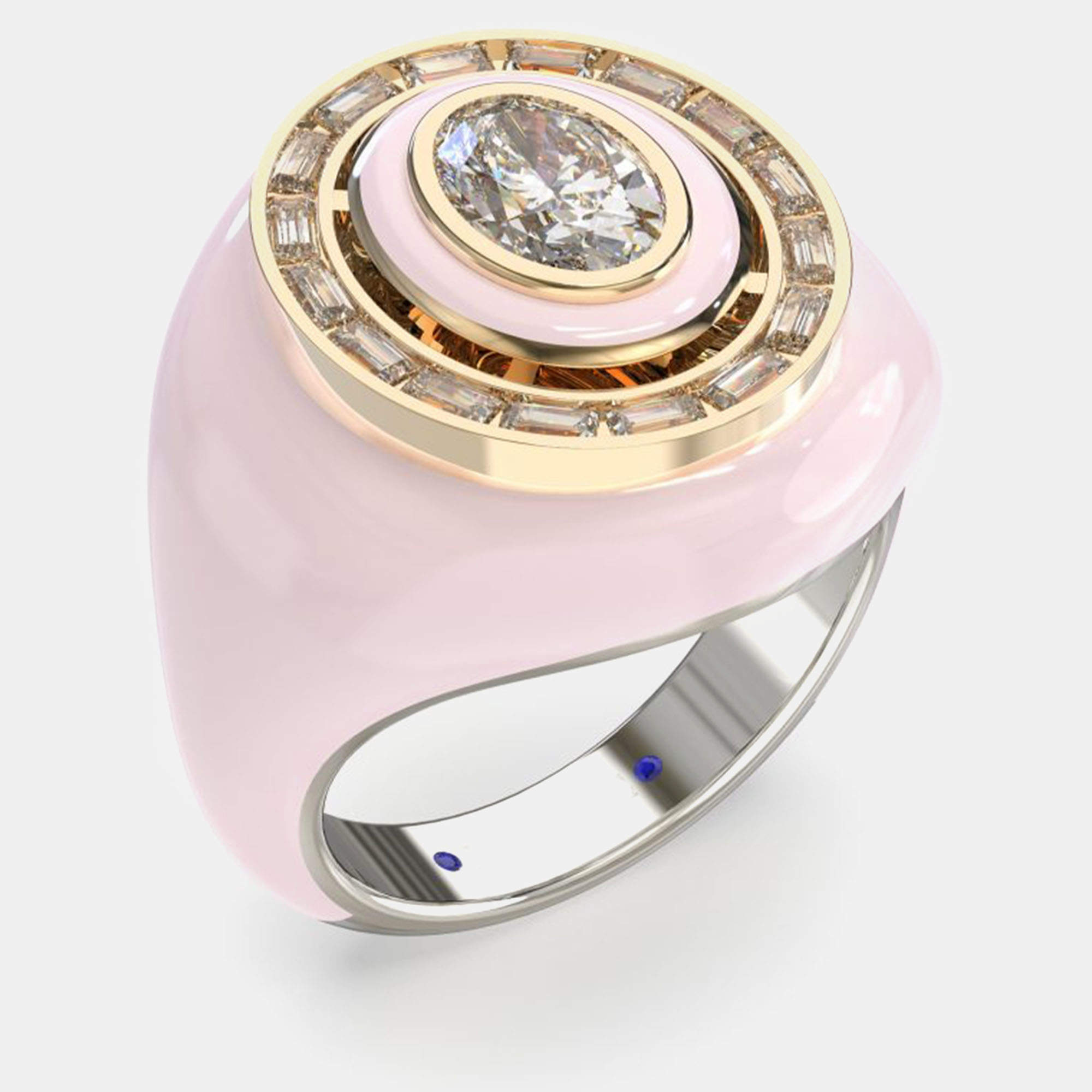 Pre Owned Pink Ceramic Sterling Silver Lab Diamond Signet Ring US 7