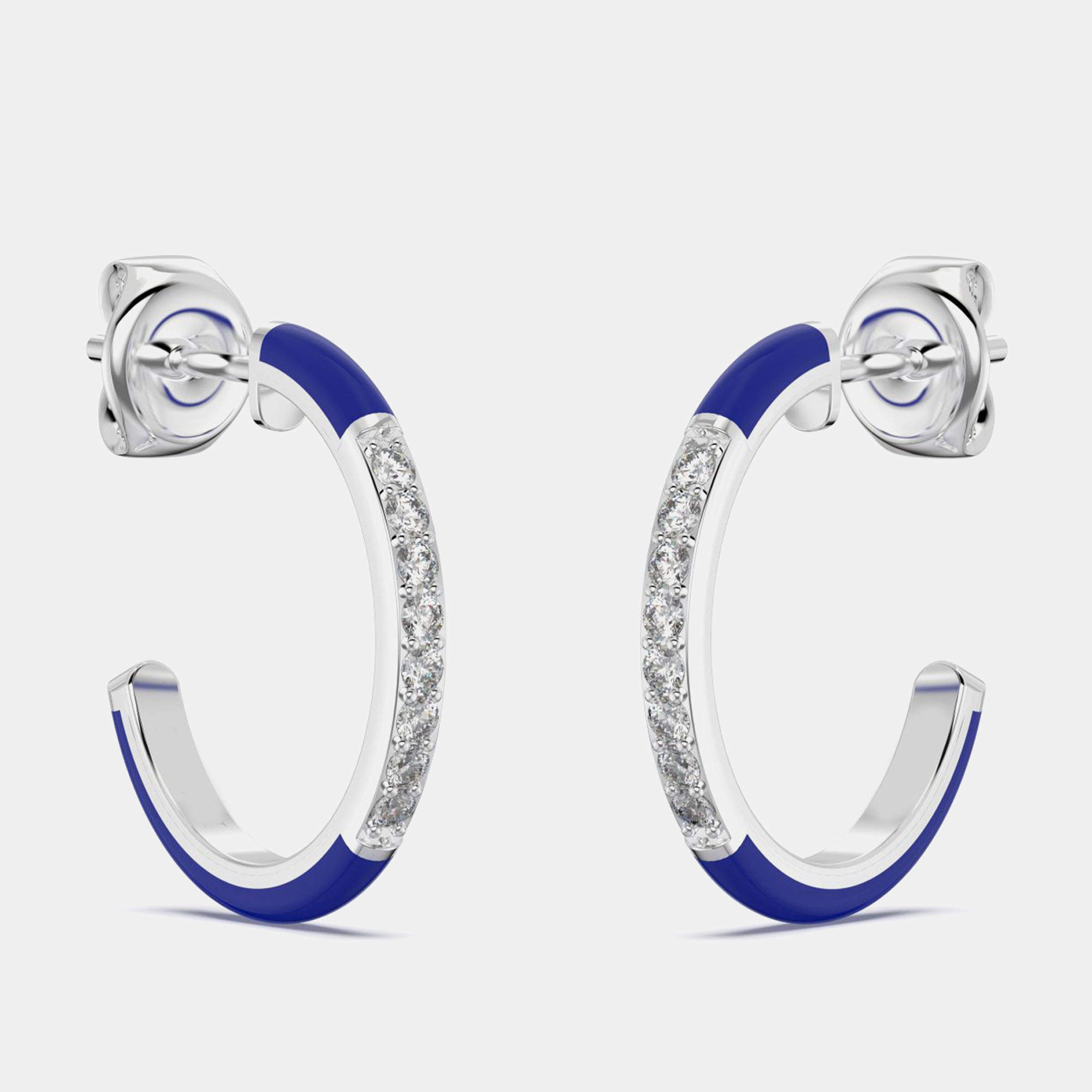 مملوكة مسبقًا Dark Blue Ceramic Sterling Silver Lab Grown Diamonds C Hoop Earrings