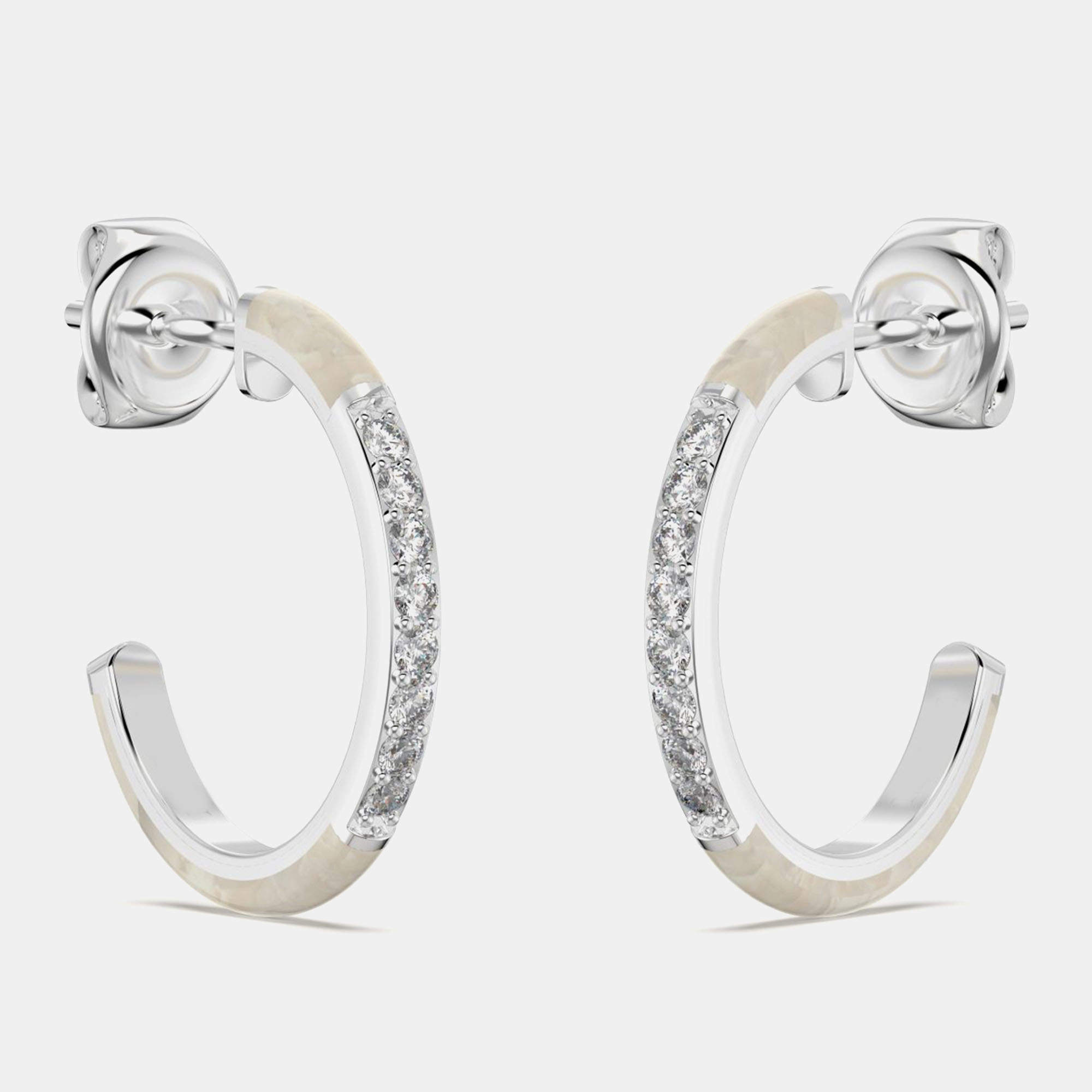 Pre Owned أقراط بحلقة C فضية استرلينية مع ألماس مزروع في المختبر من السيراميك الأبيض اللؤلؤي