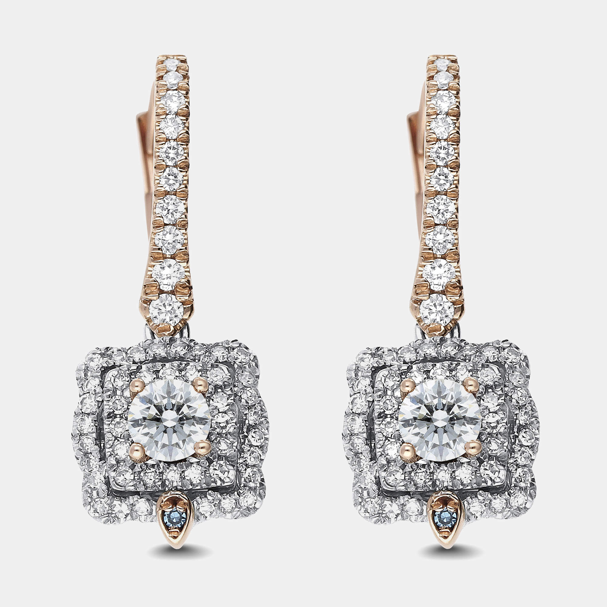 14K Rose gold, White gold Round Cust Scalloped Halo Earrings (1.30Ctw)