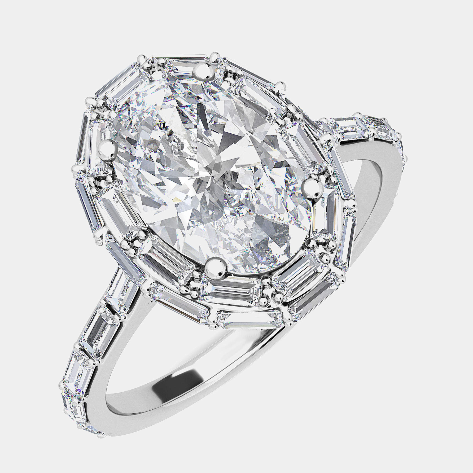 Oval Baguettes On Halo And Shank Bridal Ring (3.0 ctw) US 7