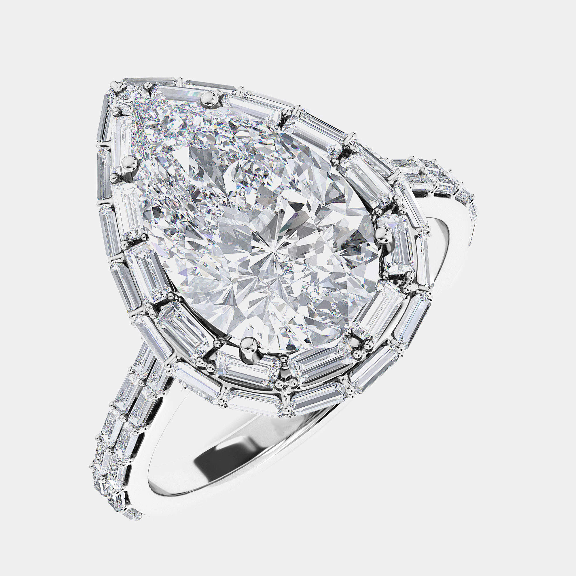 Baguettes On Halo And Shank Bridal Ring (3.0 ctw) US 7