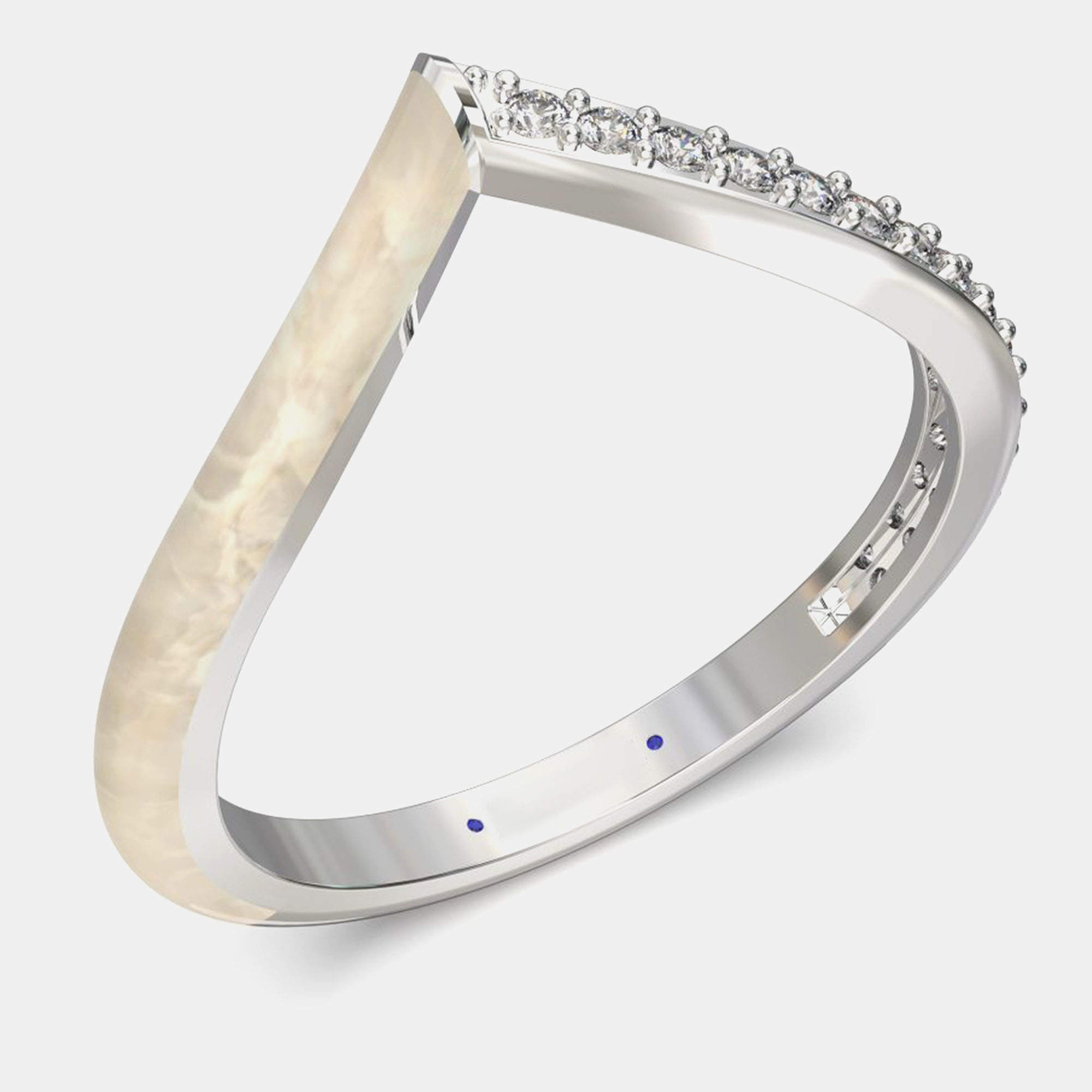 Pre Owned Pearly White Ceramic Chevron Style Sterling Silver Lab Grown Diamond Ring US 7