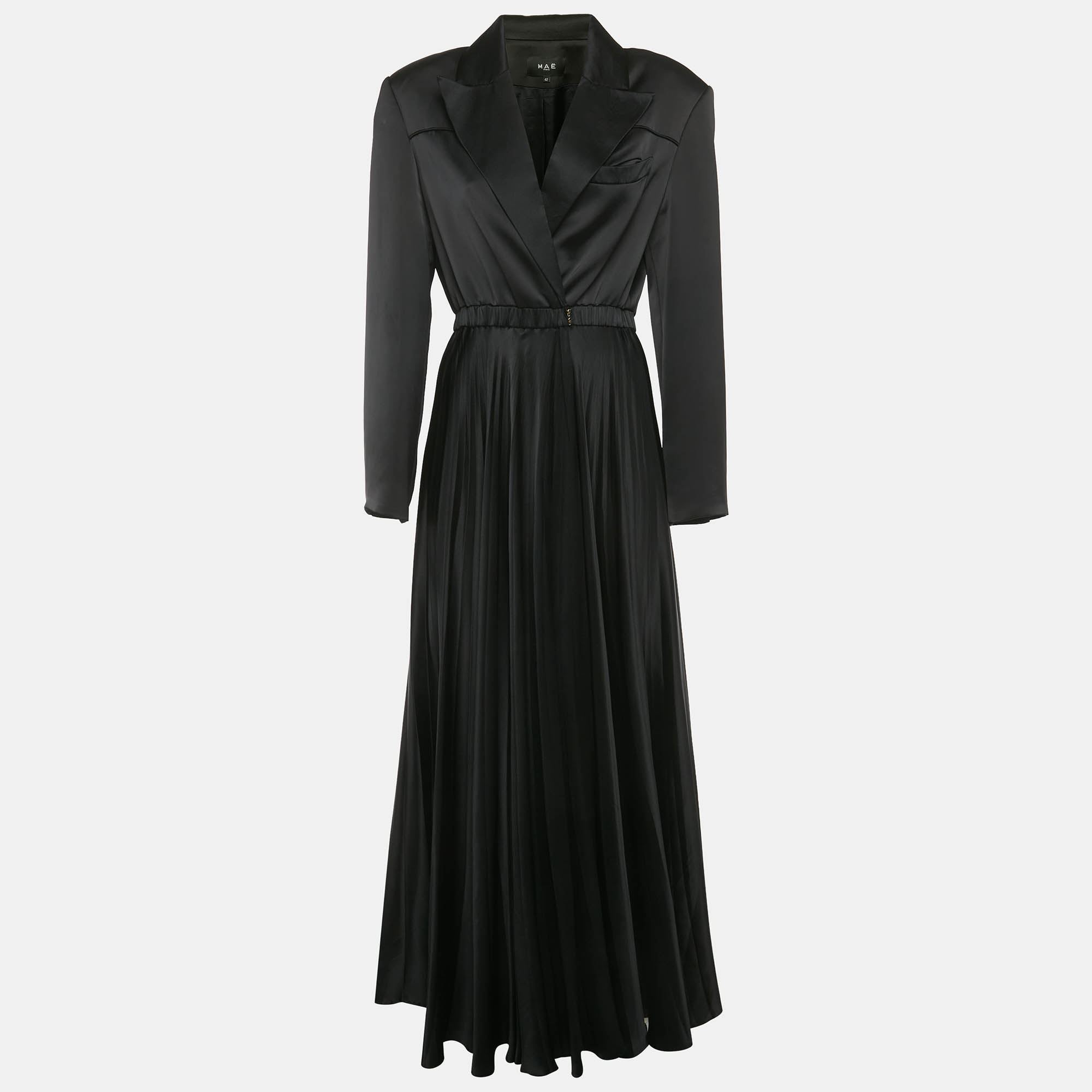 مملوكة مسبقًا Mae Black Satin Double Breasted Plisse Maxi Dress XL