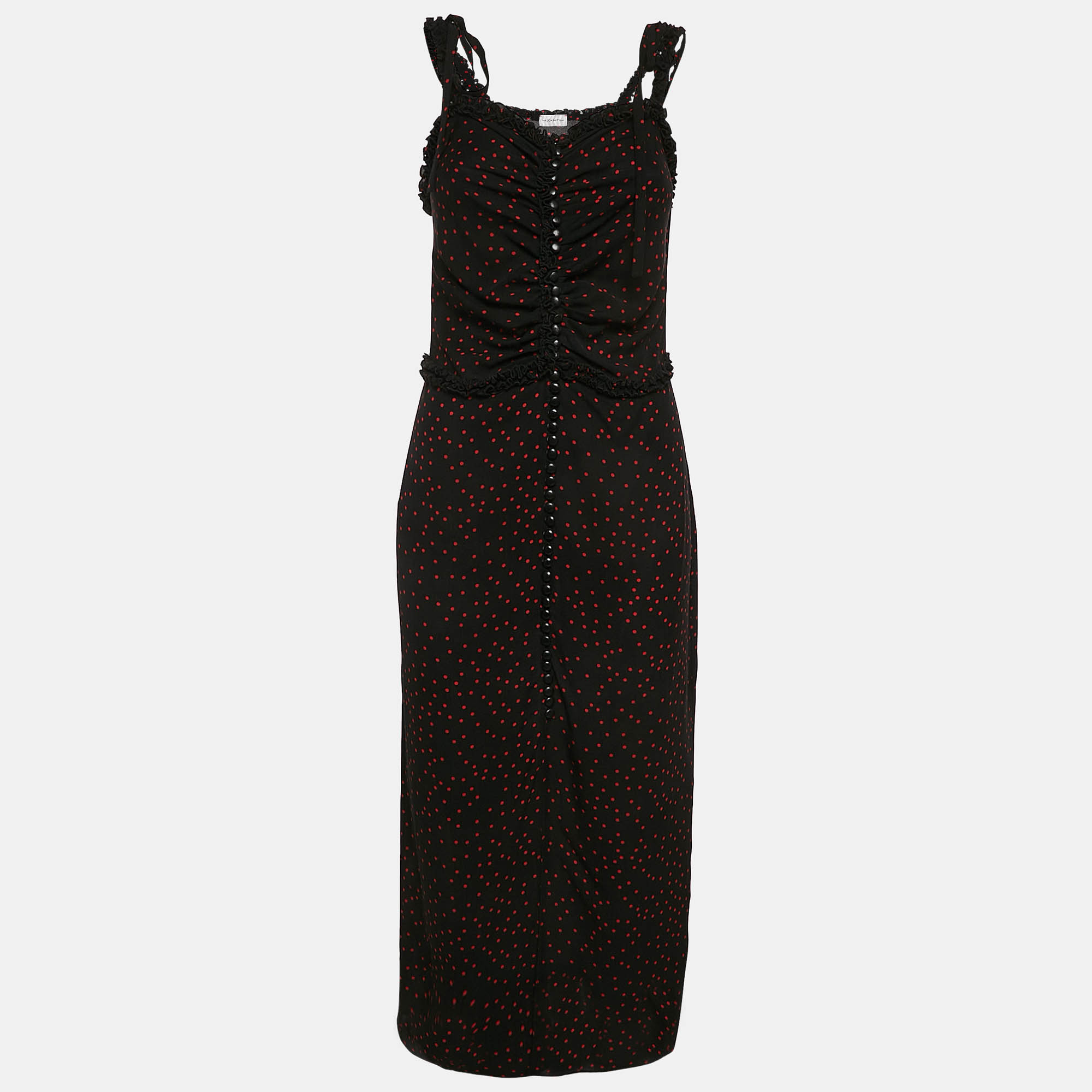 Magda Butrym Black Polka Dots Print Silk Ruffled Midi Dress S