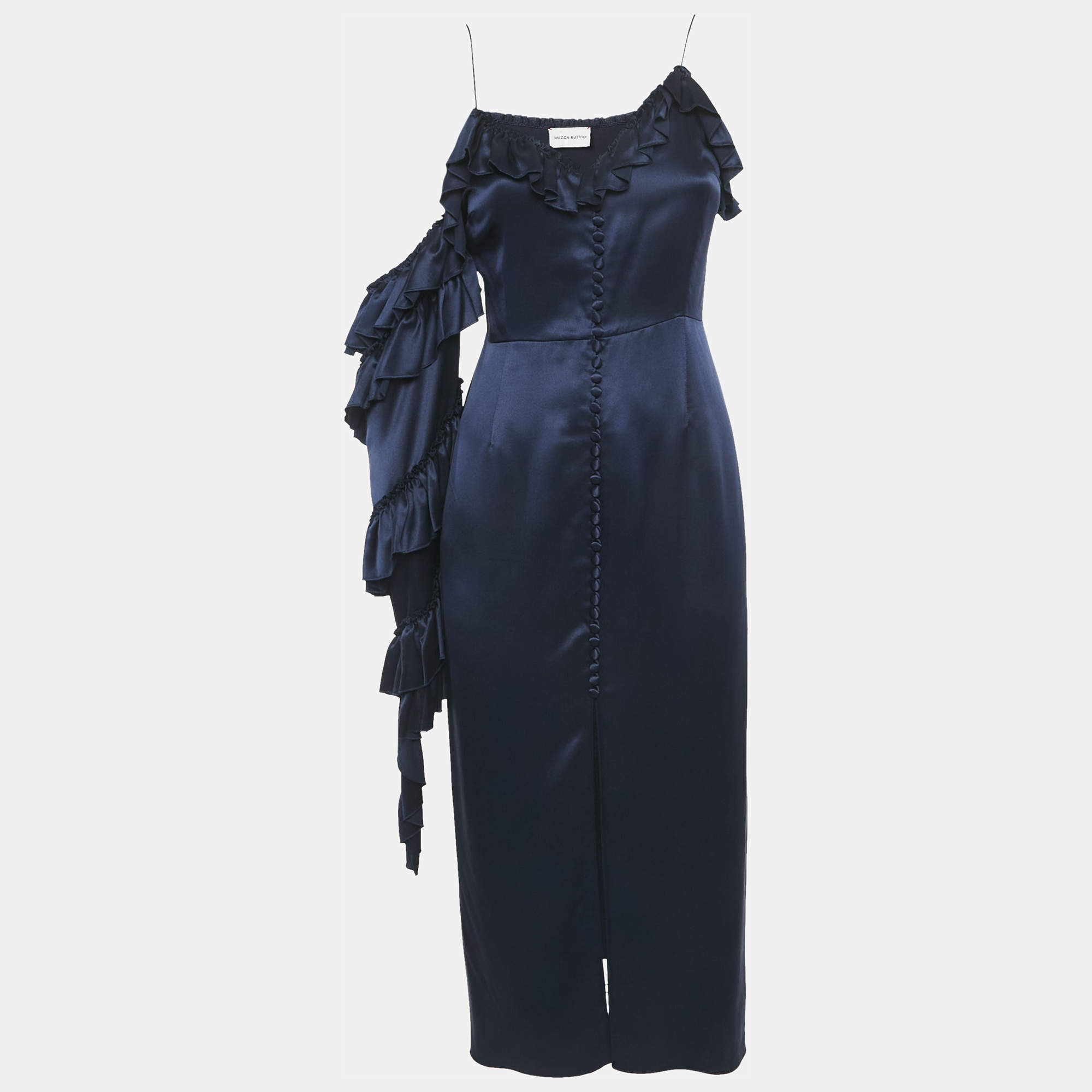 Magda Butrym Navy Blue satin Silk Ruffled Asymmetric Sleeve Midi Dress S