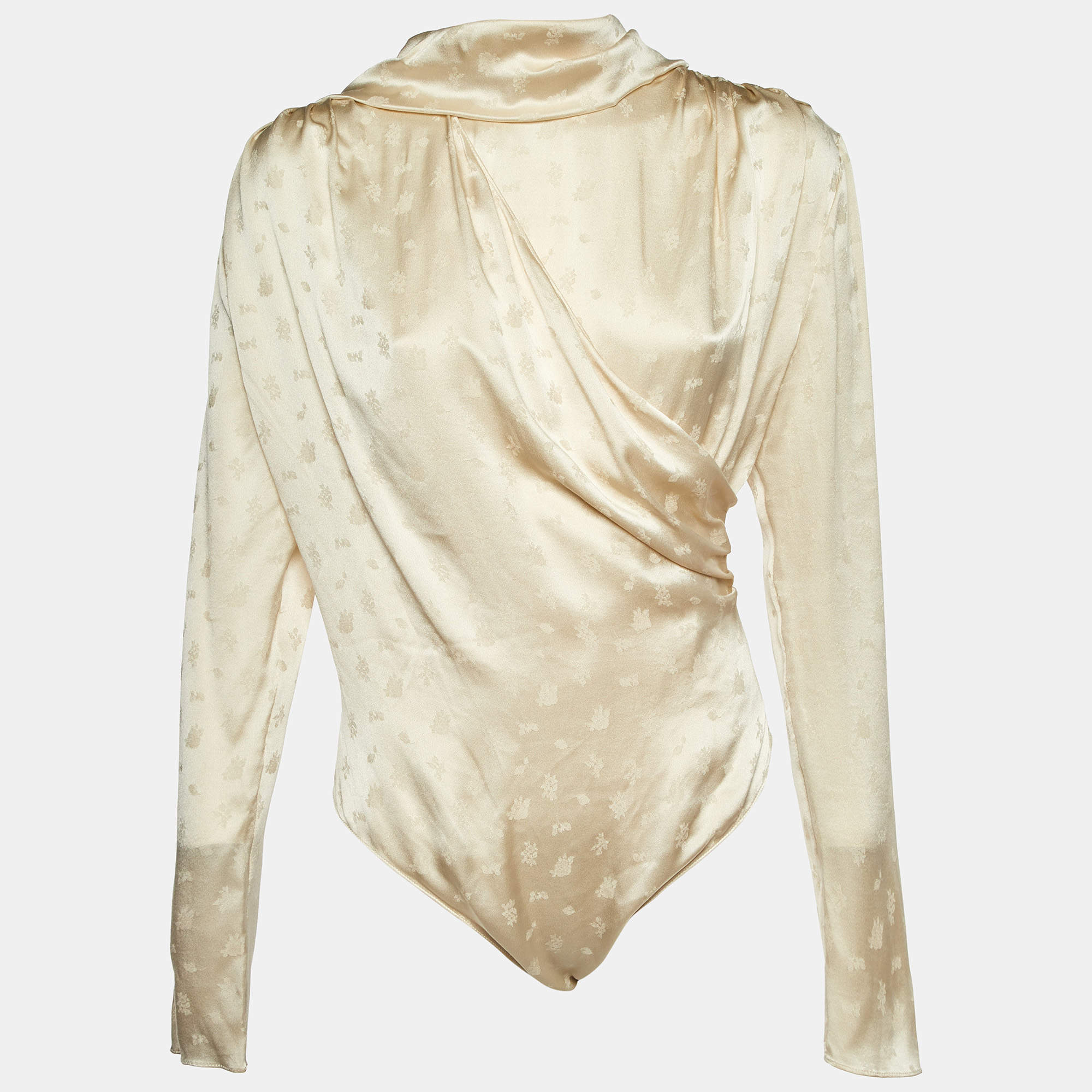 Magda Butrym Cream Floral Jacquard Silk Favara Draped Bodysuit M