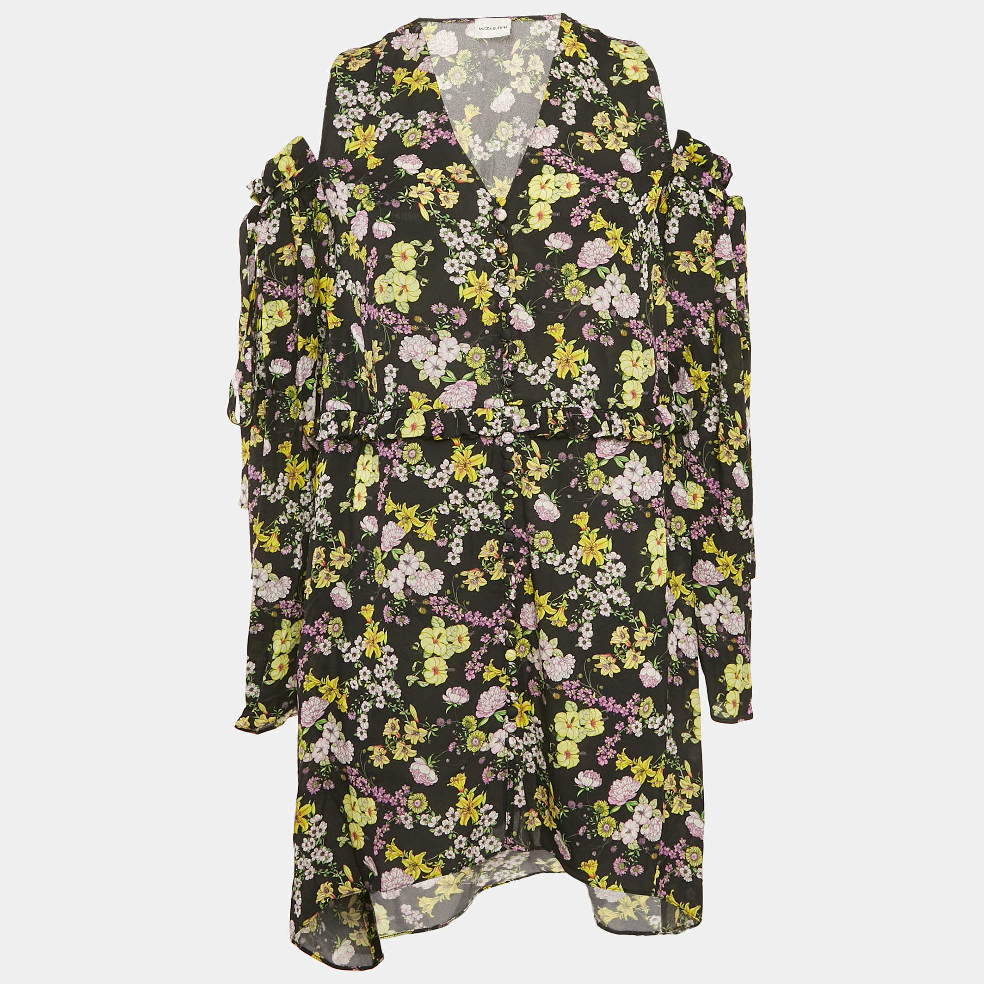 Magda Butrym Black Floral Print Silk Cold-Shoulder Short Dress S
