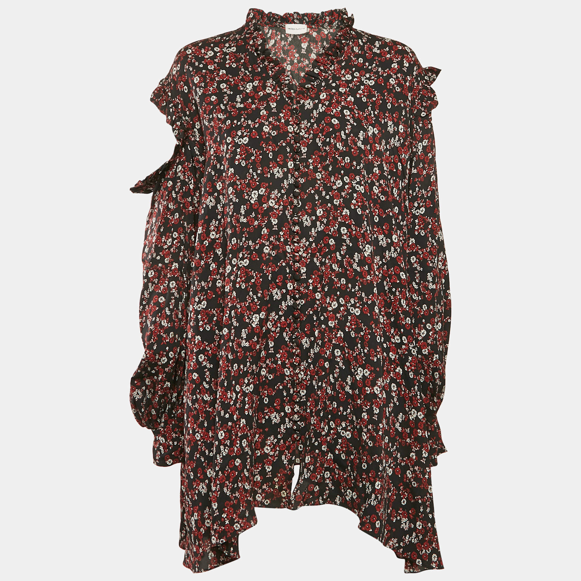 Magda Butrym Black Floral Print Silk Cold-Shoulder Single Sleeve Mini Dress S
