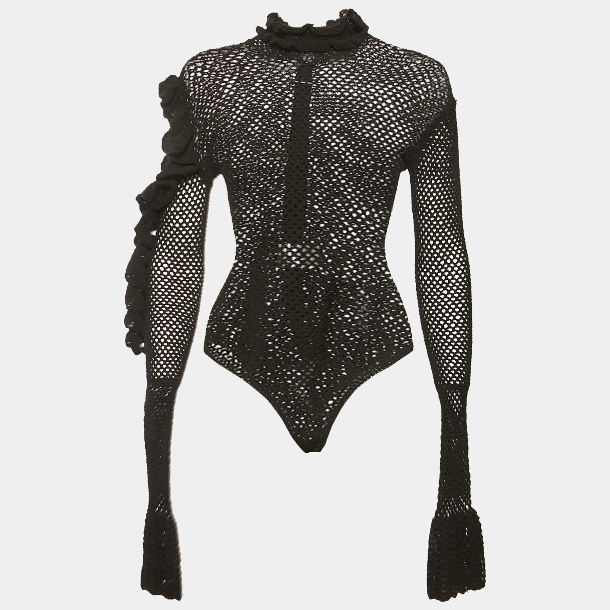 Pre Owned Magda Butrym Black Crochet Ruffled Cold Shoulder Bodysuit M