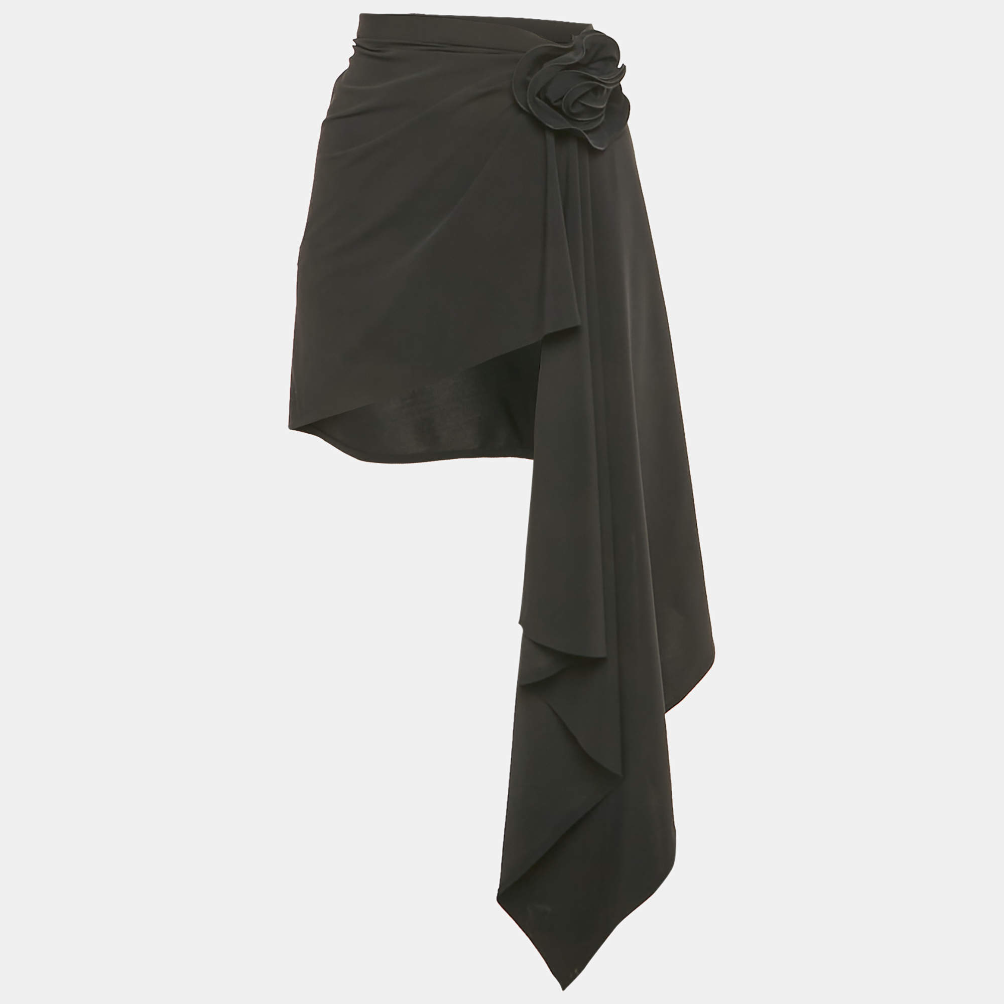 Pre Owned Magda Butrym Black Floral Applique Jersey Drape Mini Skirt M