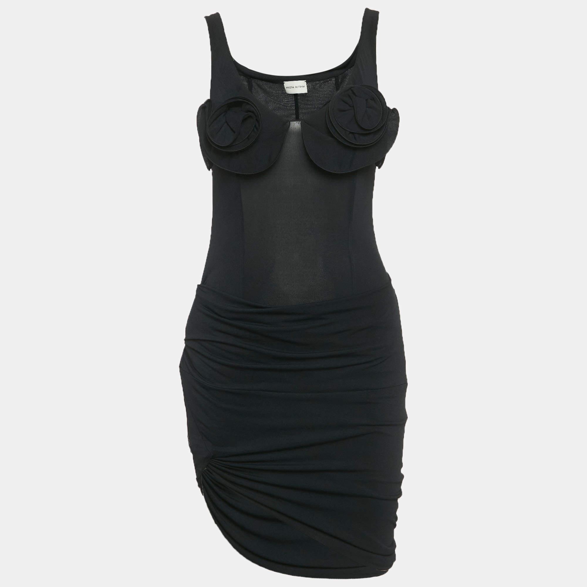 Pre Owned فستان ماجدا بوترم قصير مخمل مطاطي أسود بقصة خارجية مقاس صغير - سمول