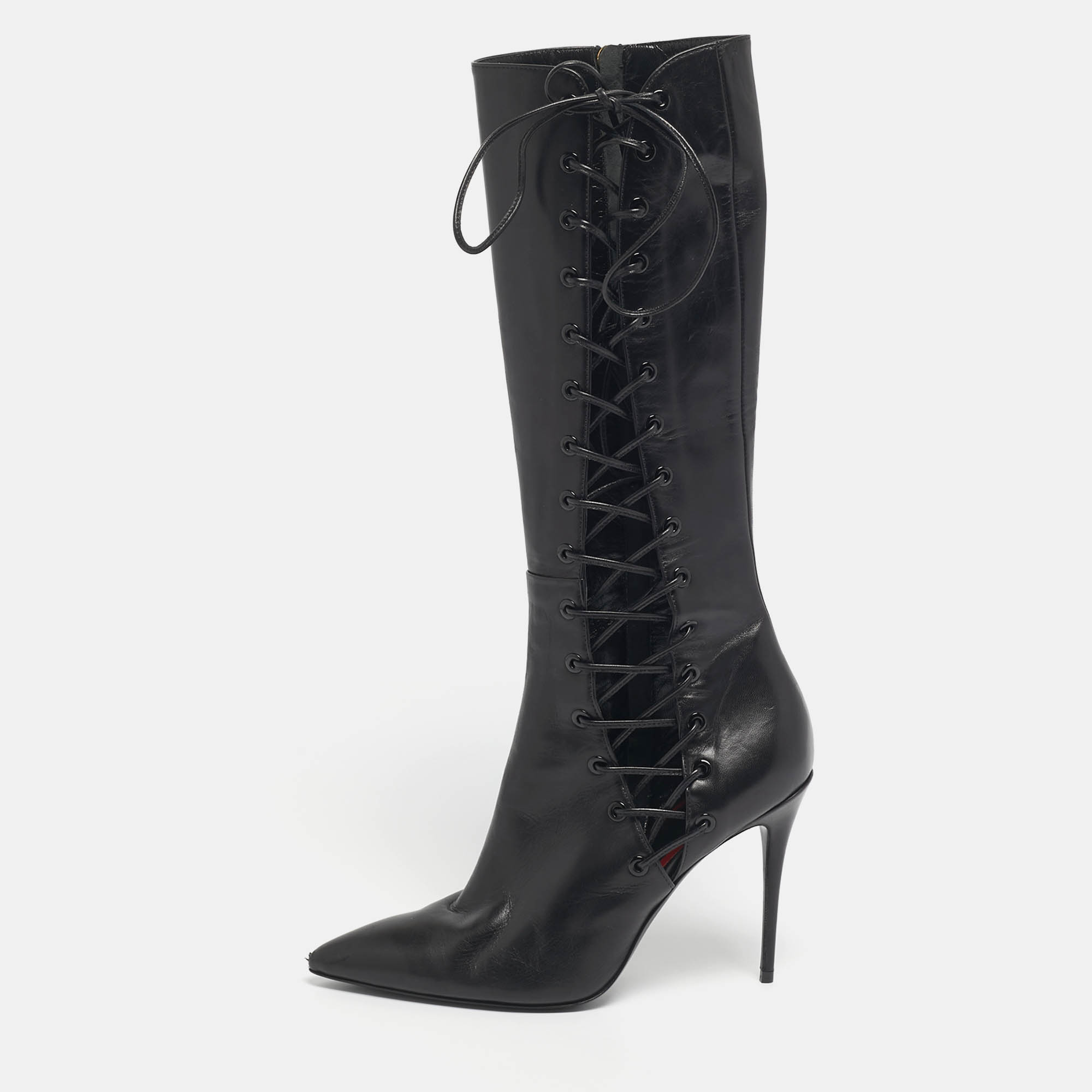 Pre Owned Maison Ernest Black Leather Lace Up Knee Length Boots Size 39