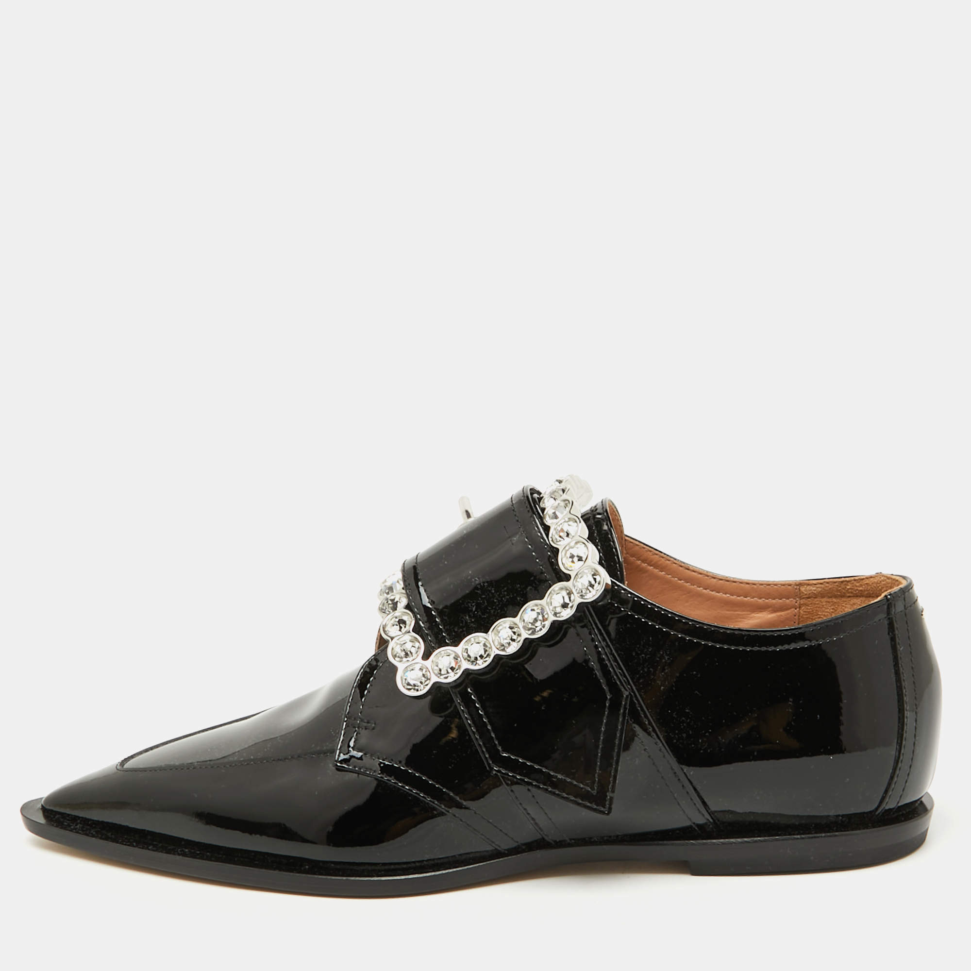 Maison Martin Margiela Black Patent Leather Crystal Embellished Buckle Flats Size 39