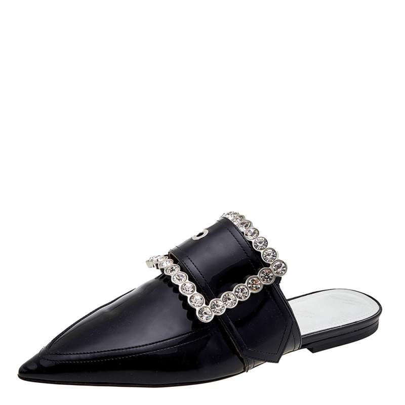 Pre Owned Maison Margiela Black Patent Leather Crystal Embellished Buckle Flat Mules Size 38
