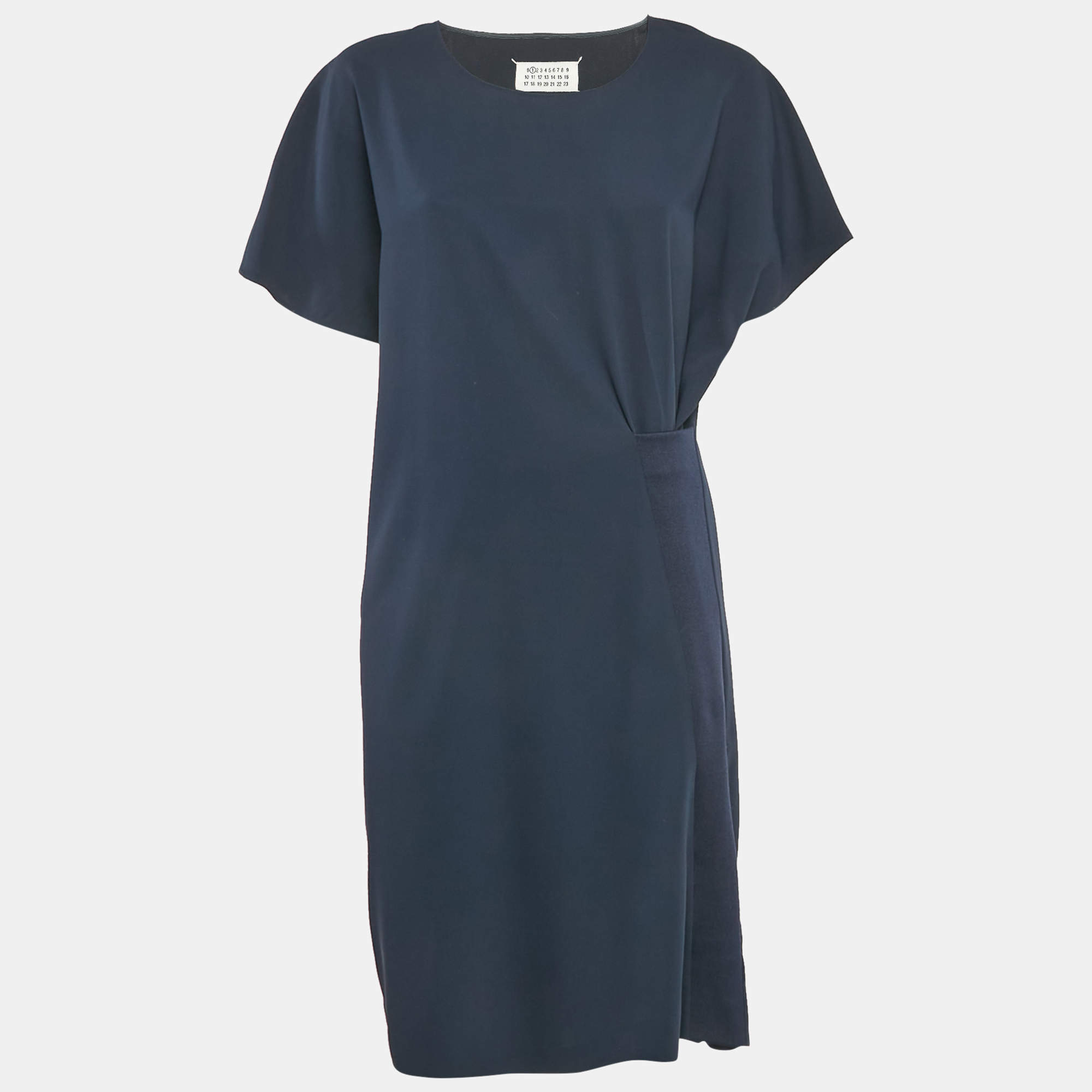 Pre Owned Maison Martin Margiela Navy Blue Rib Knit Trim Crepe Short Dress L