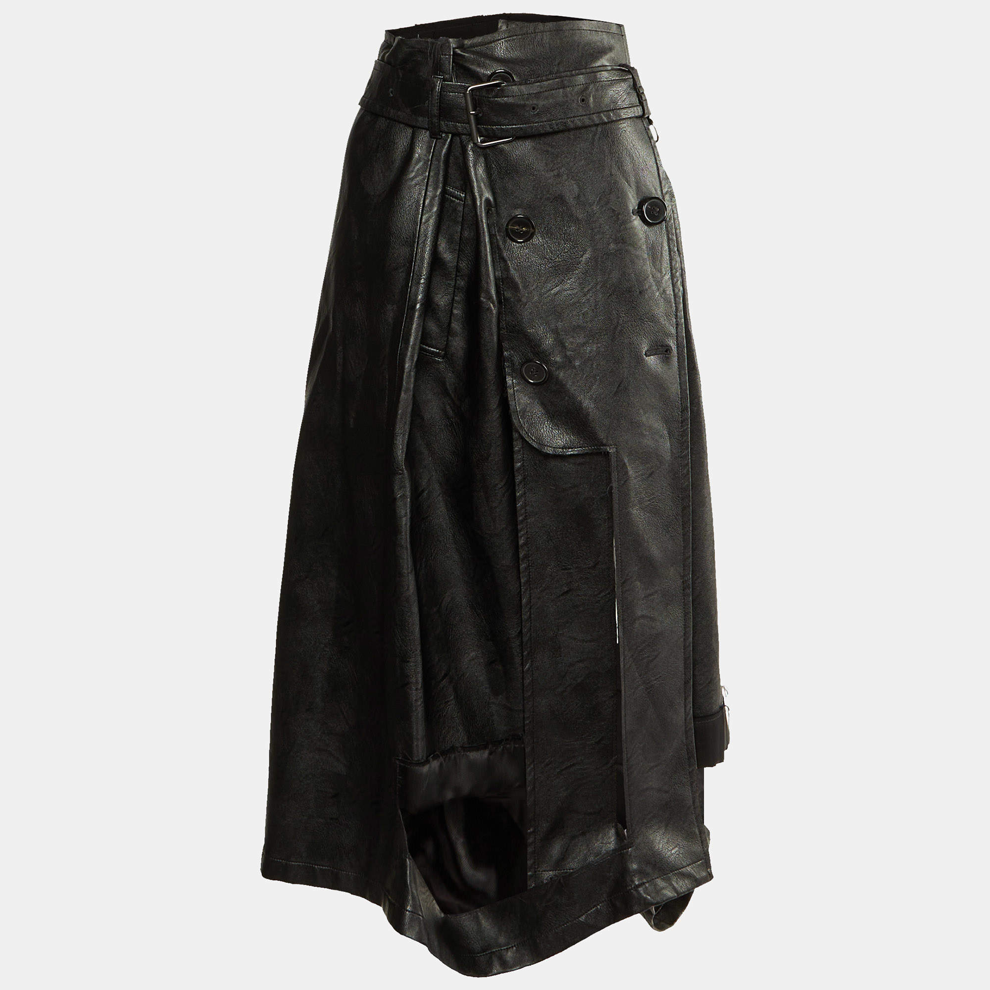 Maison Martin Margiela Black Faux Leather & Chiffon Midi Skirt M