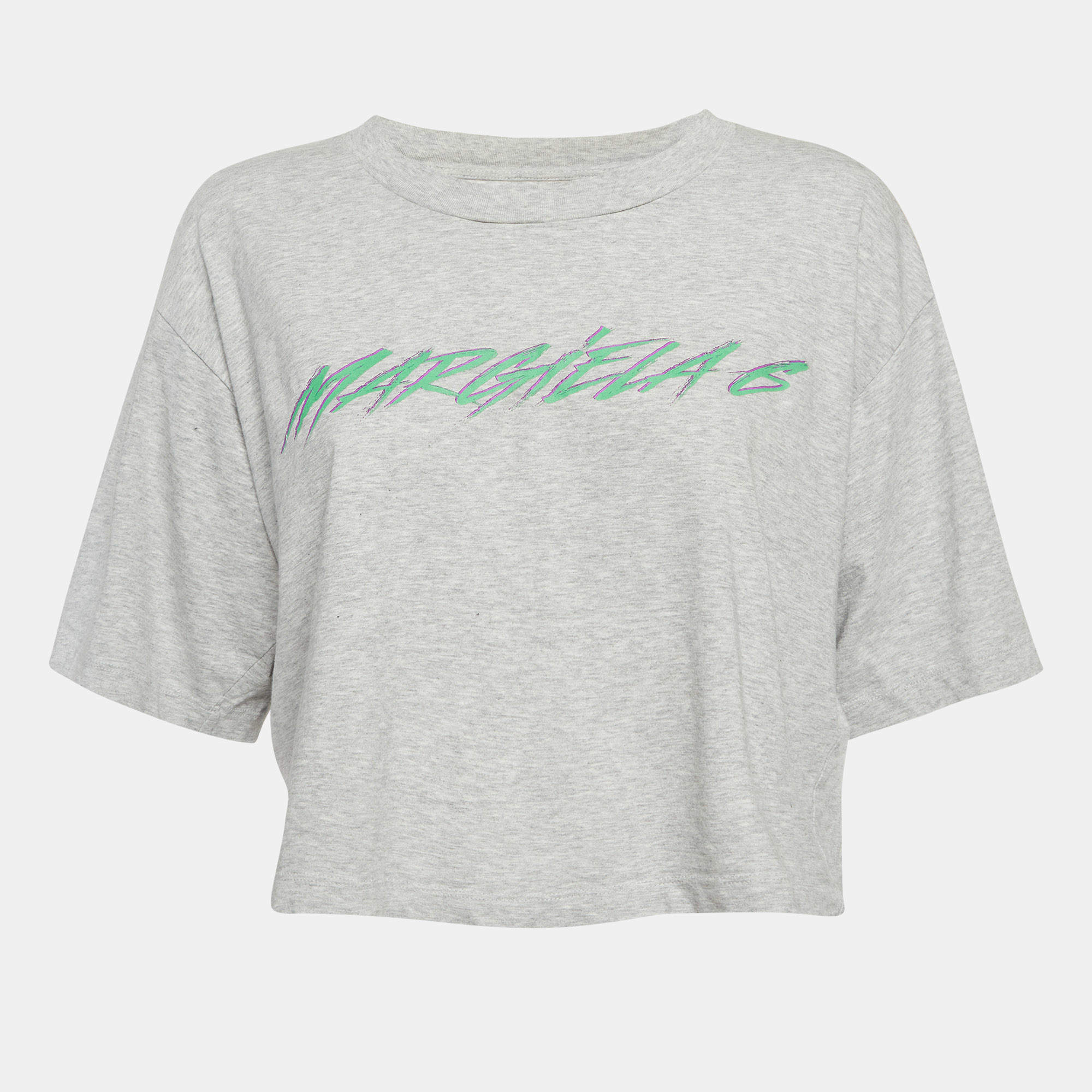 Pre Owned Maison Martin Margiela Grey Printed Jersey Crop T-Shirt S