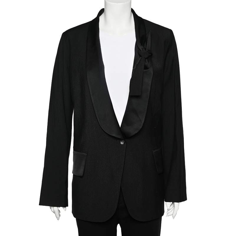 Pre Owned Maison Martin Margiela MM6 Black Wool Lapel Tie Detail Oversized Blazer L