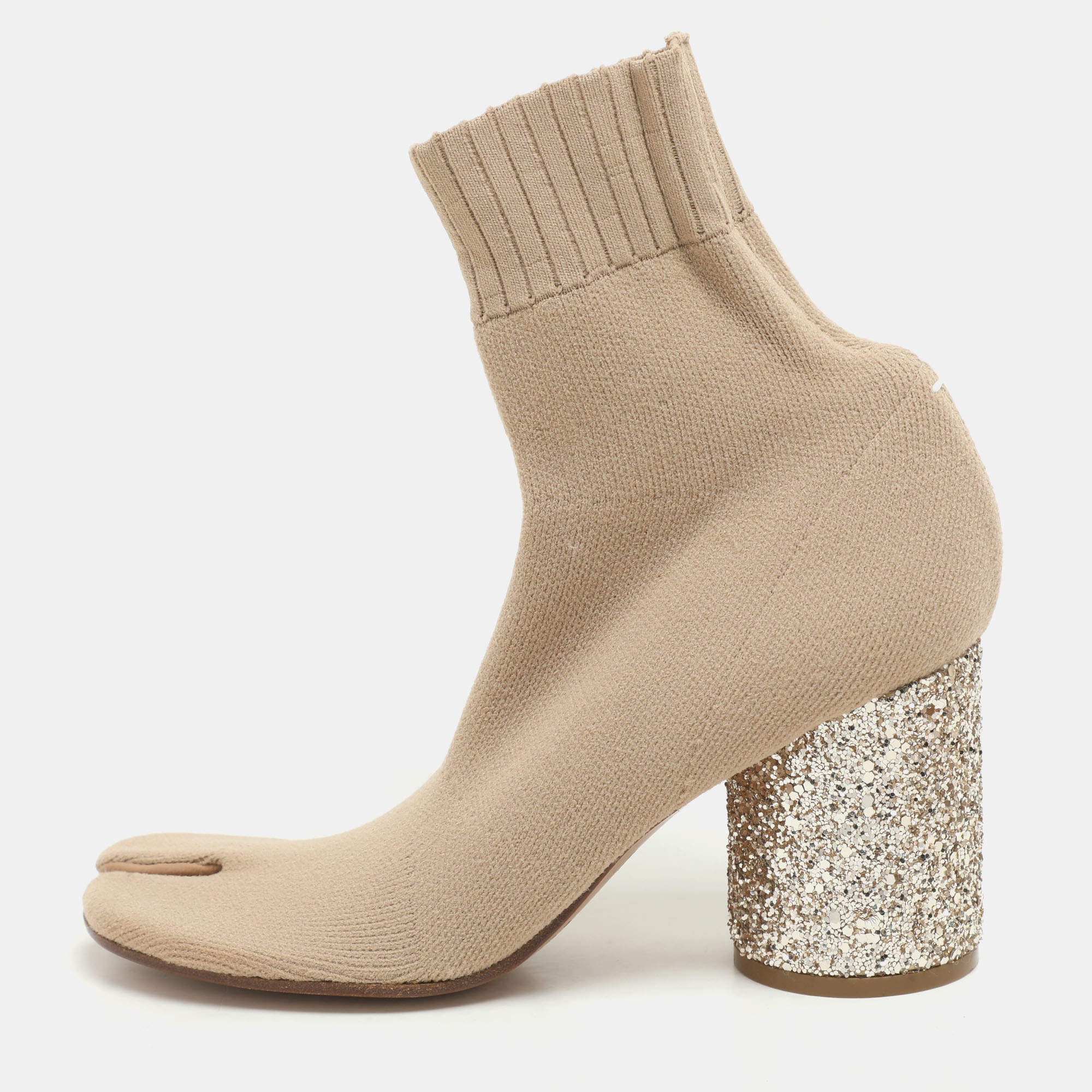 Pre Owned Maison Martin Margiela Beige Knit Fabric Tabi Sock Ankle Length Boots Size 37