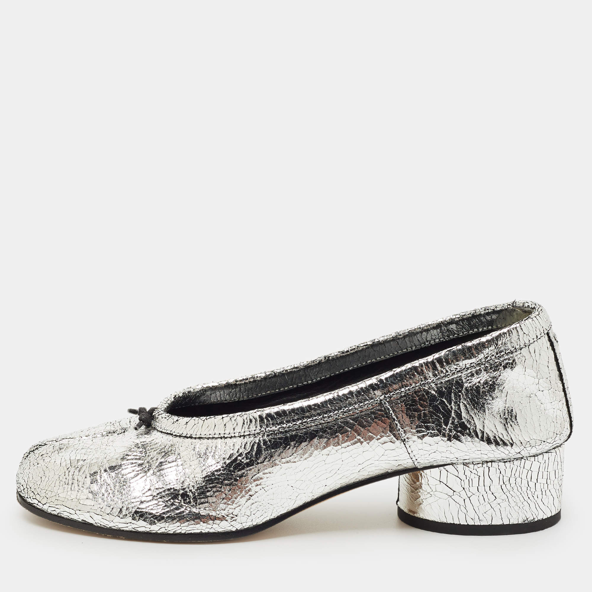 Pre Owned Maison Martin Margiela Silver Metallic Cracked Leather Tabi Pumps Size 39