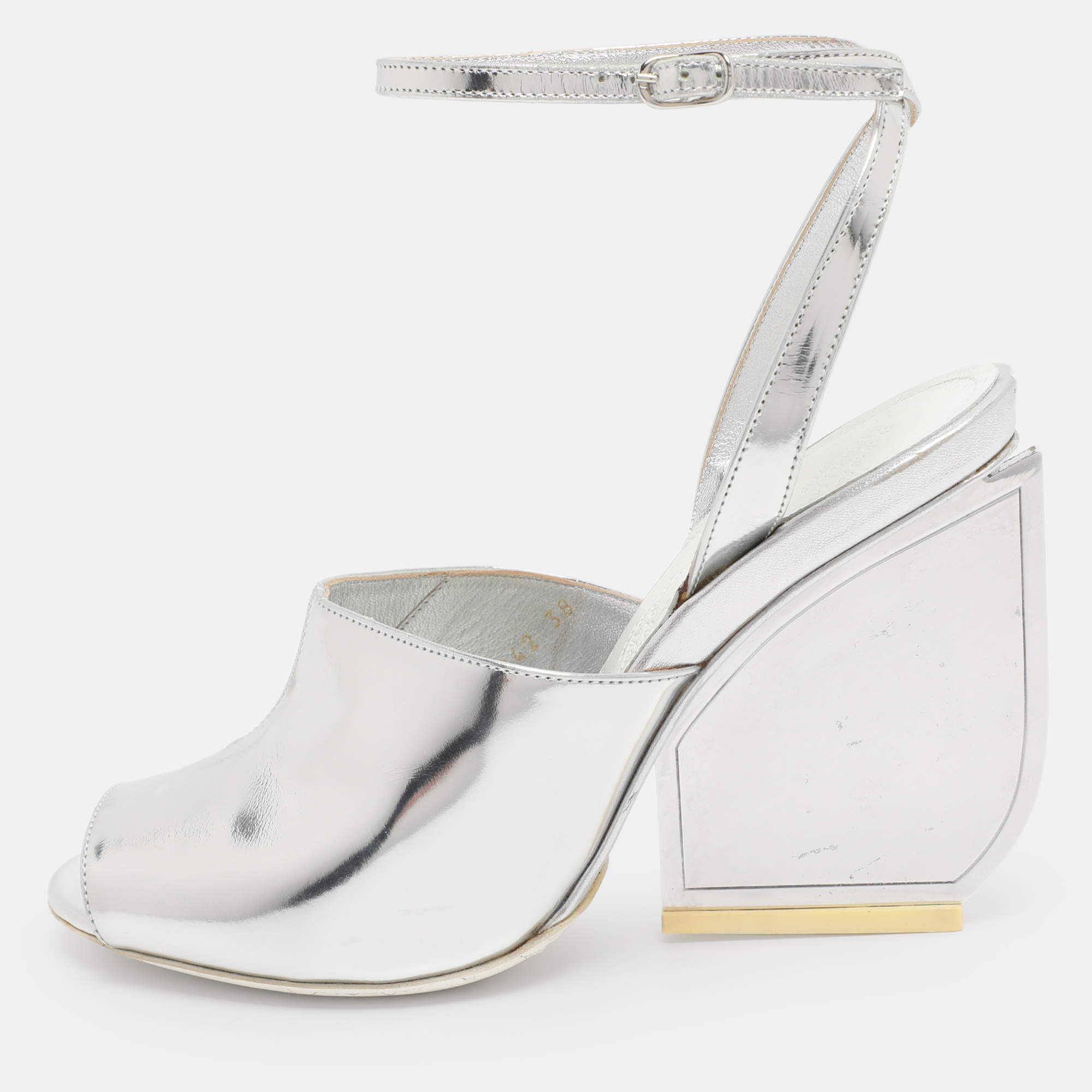Pre Owned Maison Martin Margiela Silver Patent Leather Mirror Heel Ankle Strap Sandals Size 38